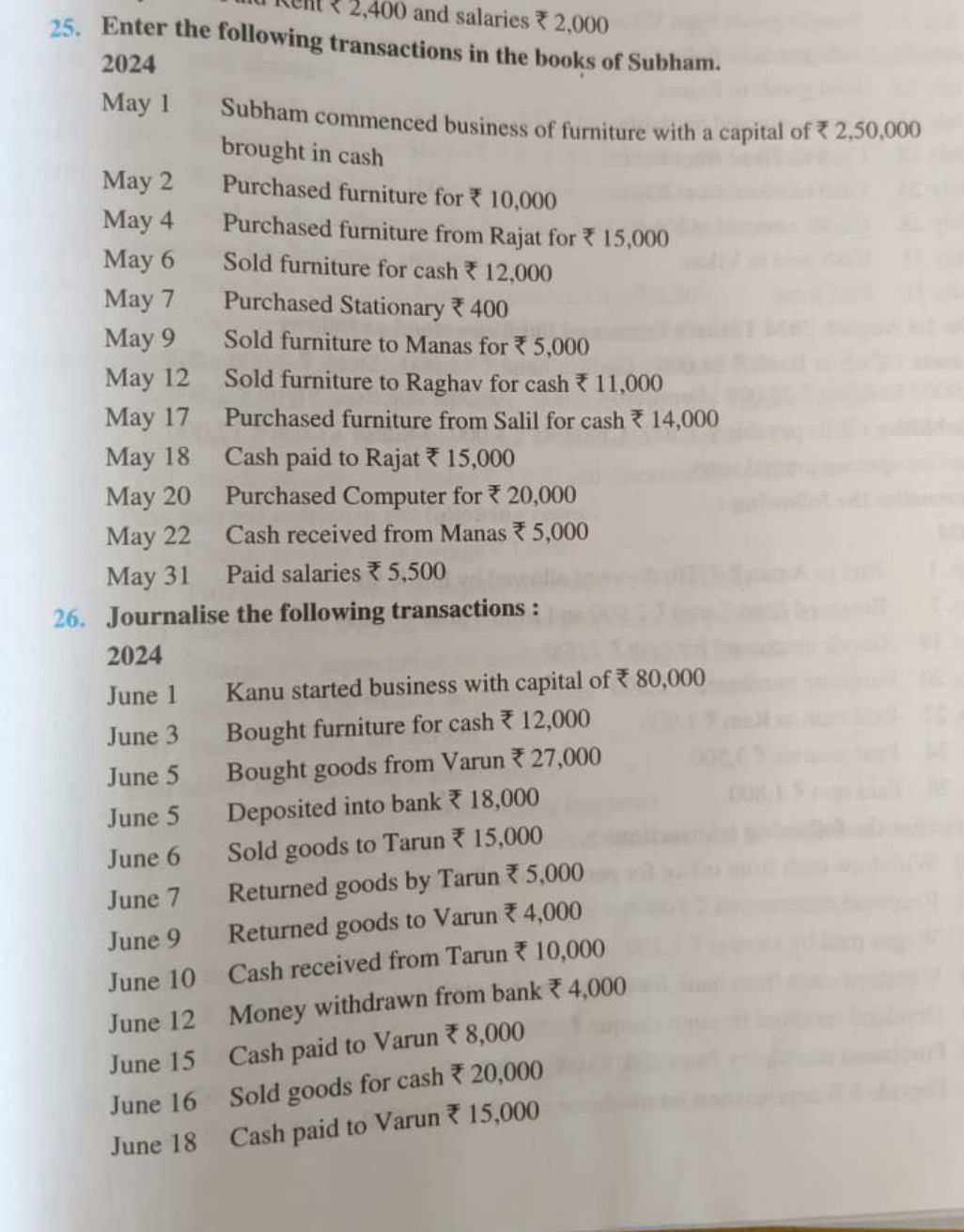 2,400 and salaries ₹ 2,000
25. Enter the following transactions in the