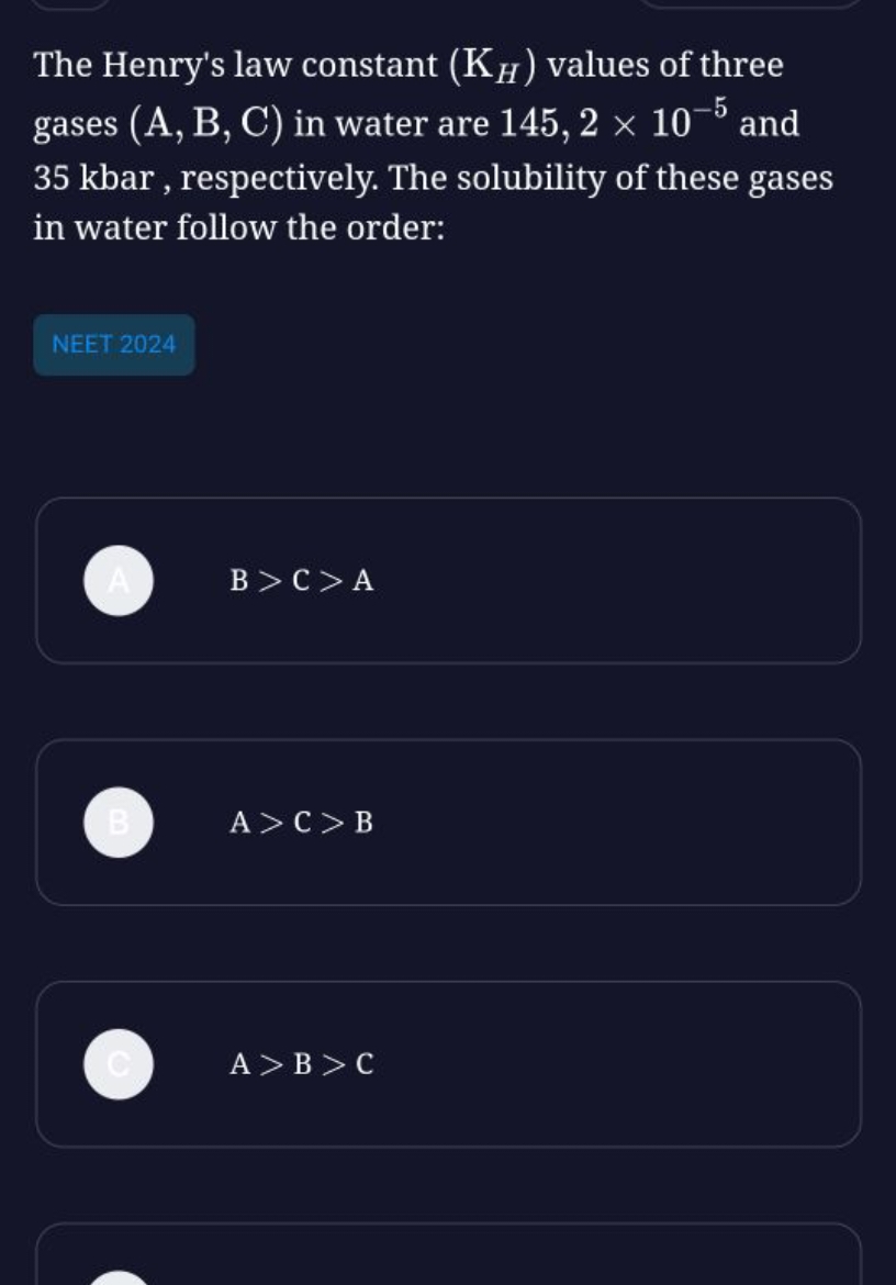 The Henry's law constant (KH​) values of three gases (A, B, C) in wate