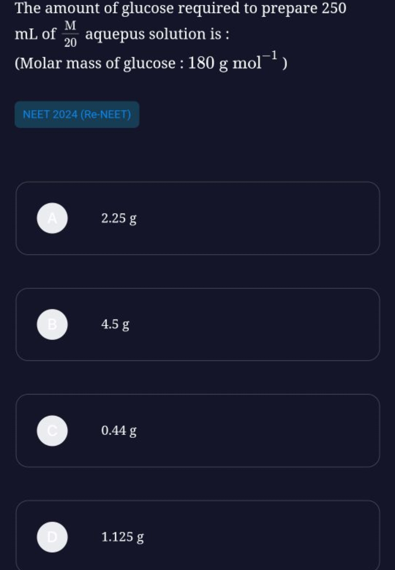 The amount of glucose required to prepare 250 mL of 20M​ aquepus solut