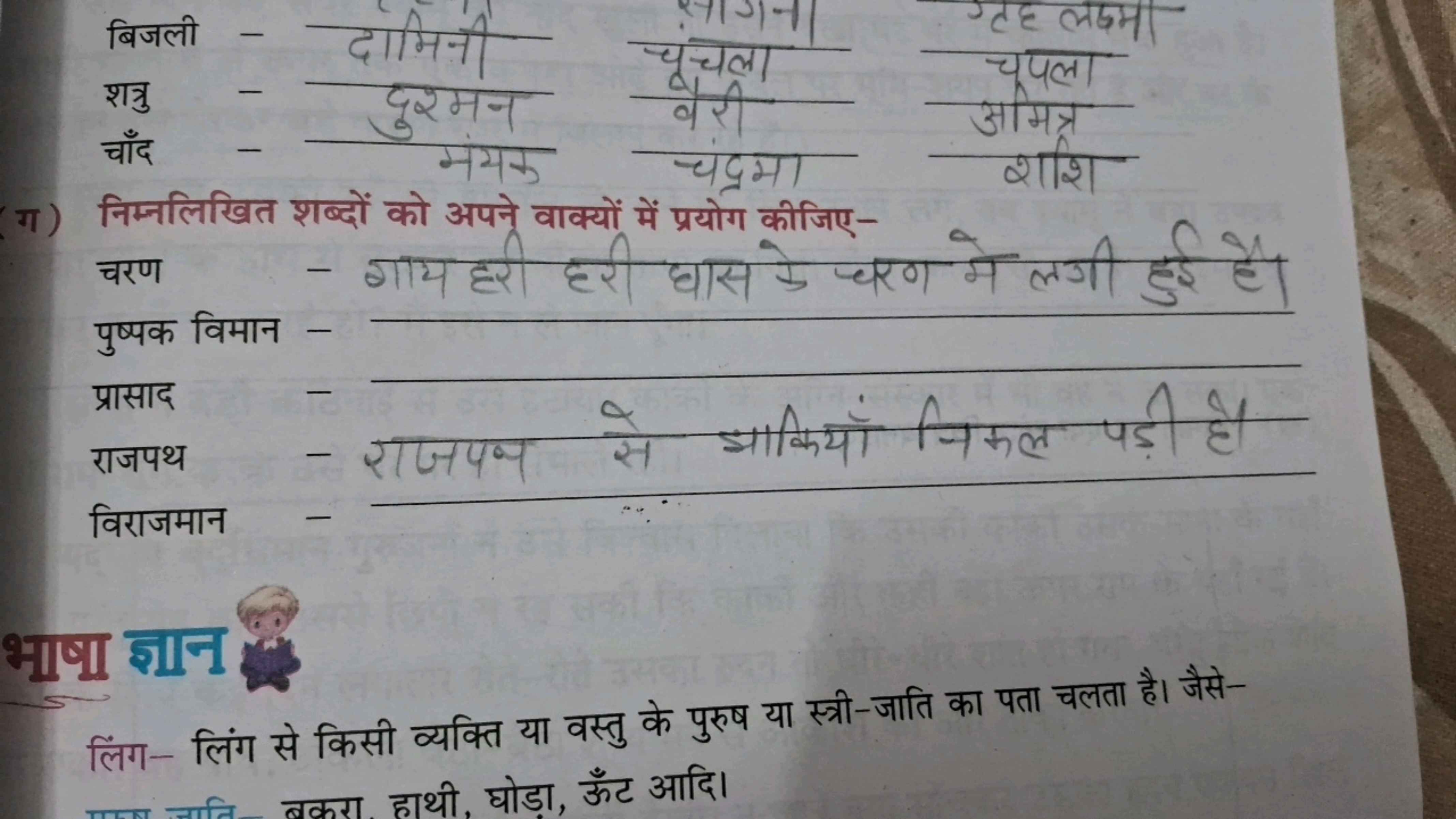  बिजली - दामिनी  शत्रु − माँयक  दुशमन ​ चाँद ​

ग ) निम्नलिखित शब्दों 