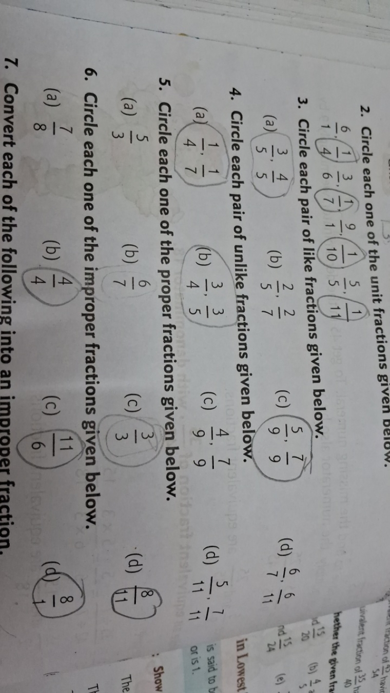 2. Circle each one of the unit fractions given Delow.
16​⋅41​,63​,71​,