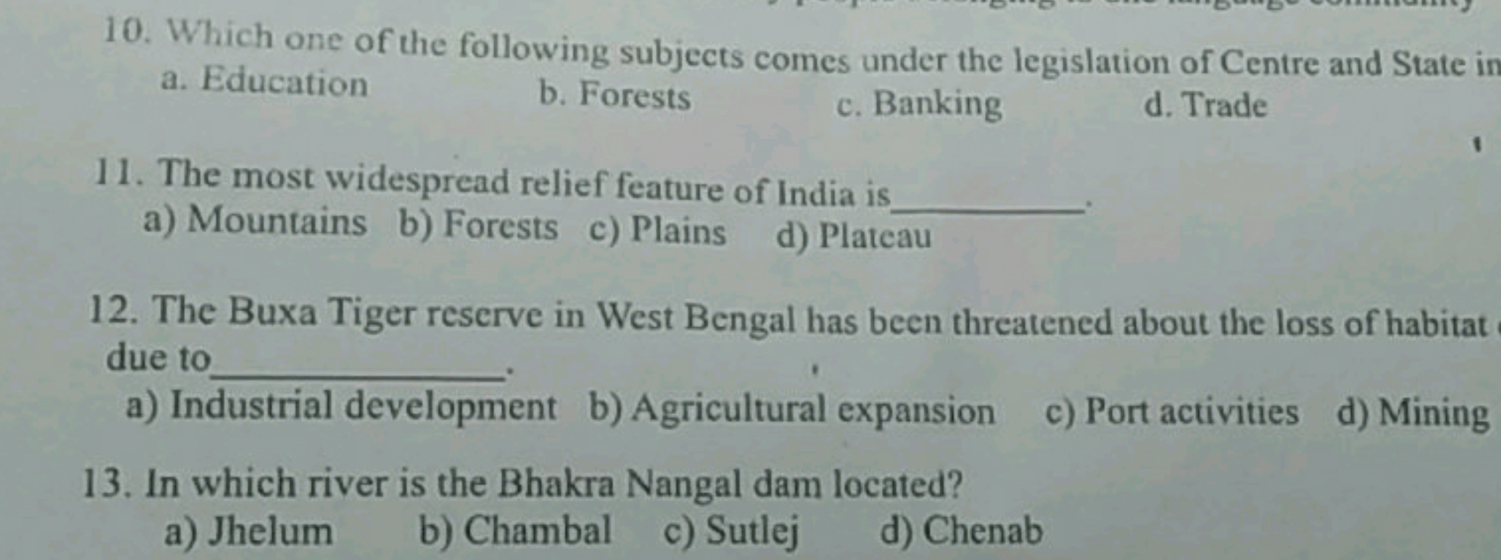 10. Which one of the following subjects comes under the legislation of