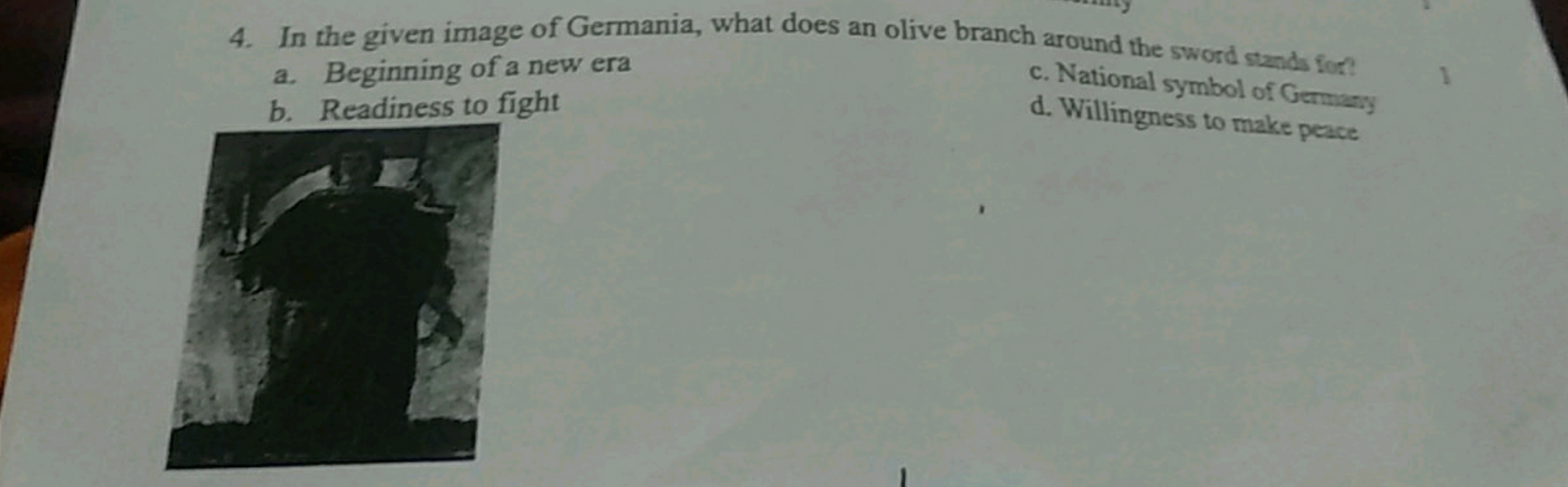 4. In the given image of Germania, what does an olive branch around th