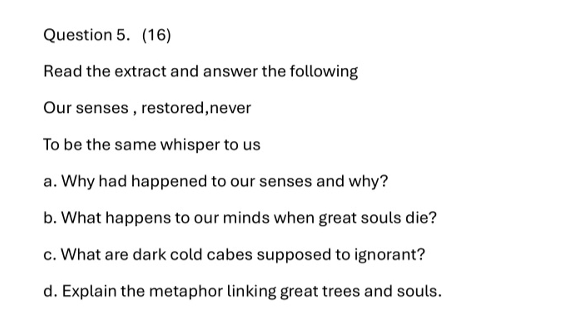 Question 5. (16)
Read the extract and answer the following
Our senses,