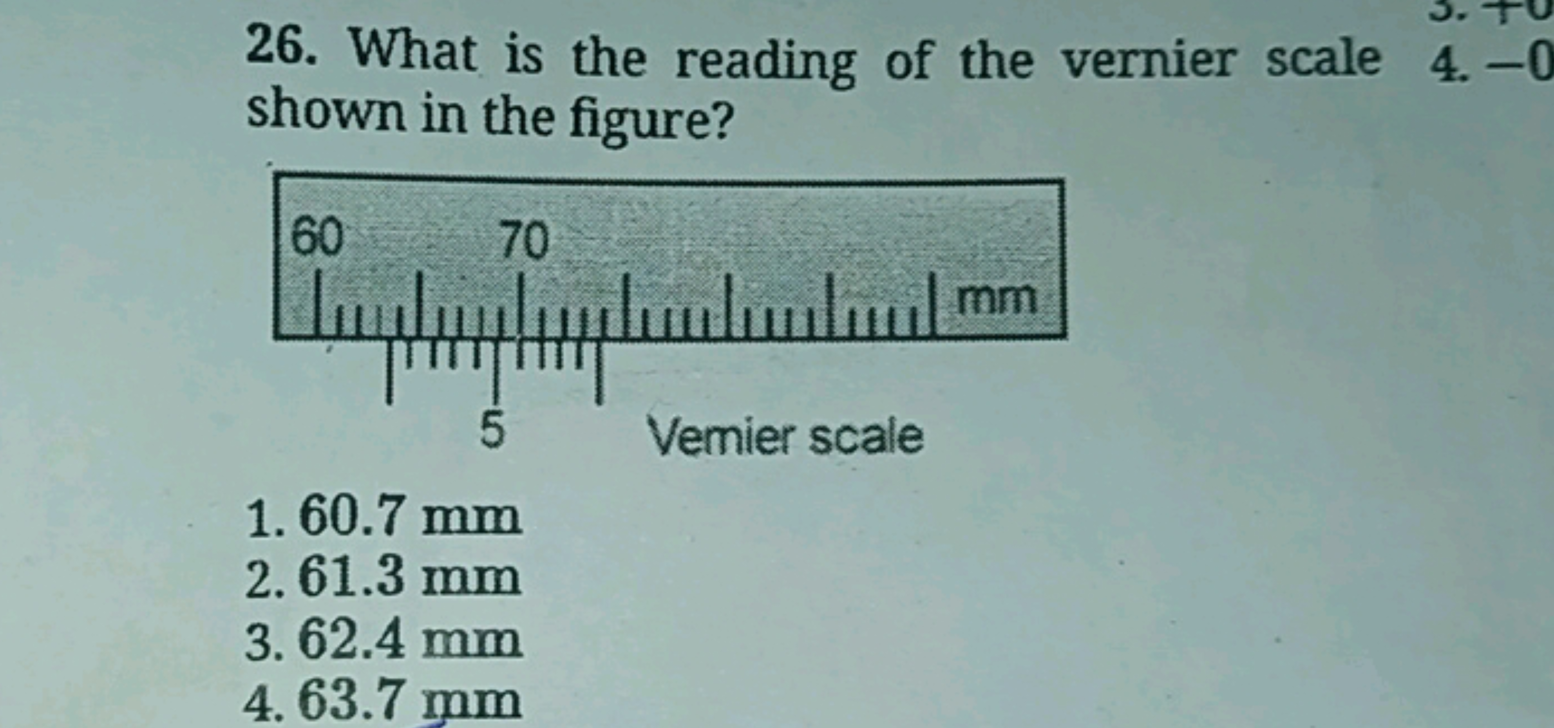 26. What is the reading of the vernier scale shown in the figure?
1. 6