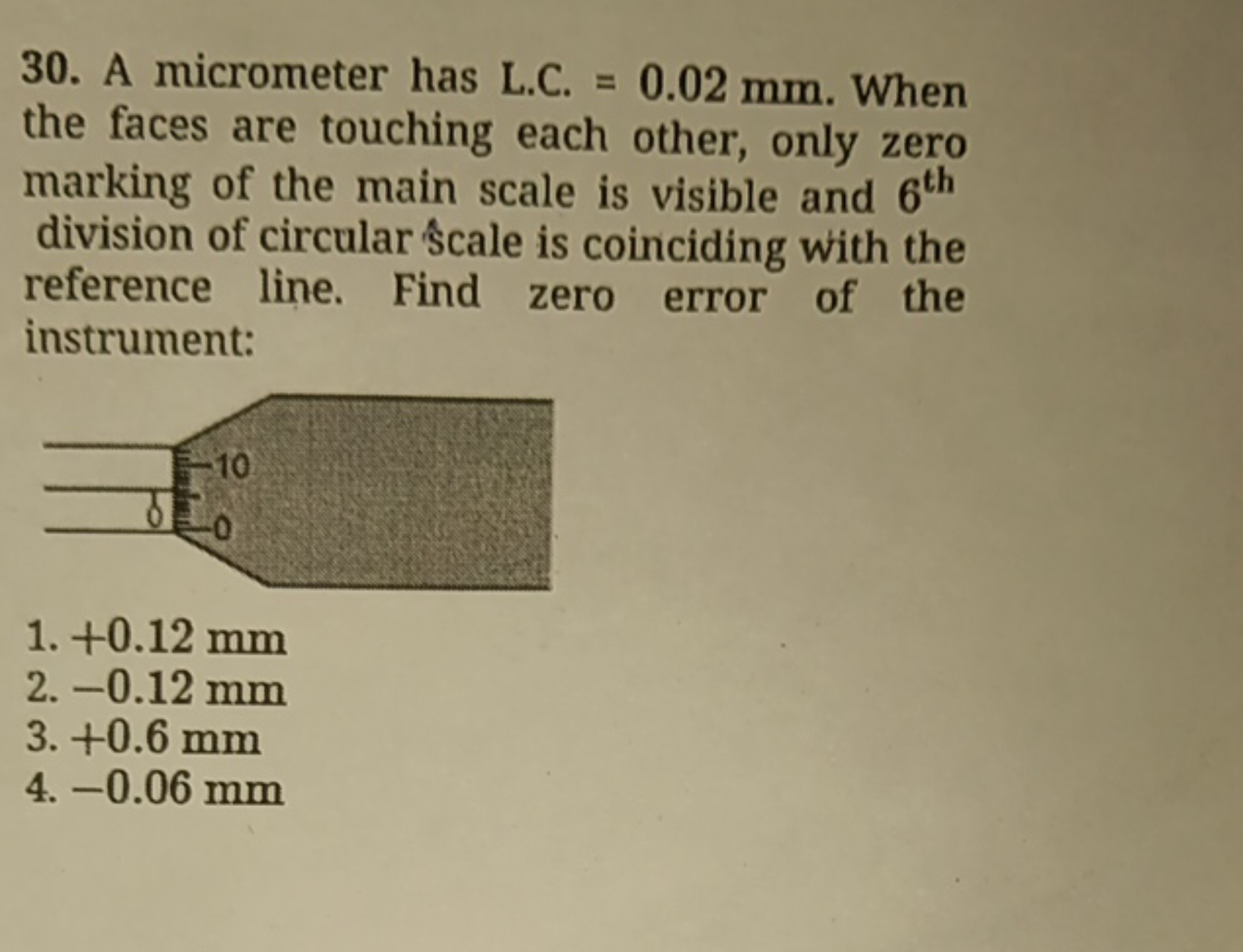 30. A micrometer has L.C. =0.02 mm. When the faces are touching each o