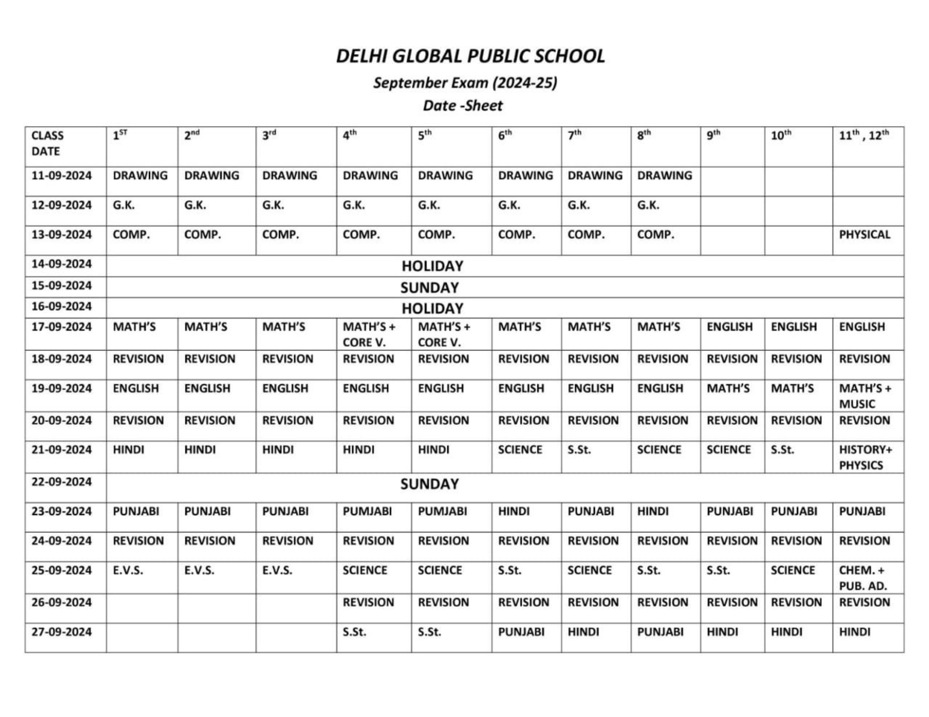 DELHI GLOBAL PUBLIC SCHOOL
September Exam (2024-25)
Date -Sheet