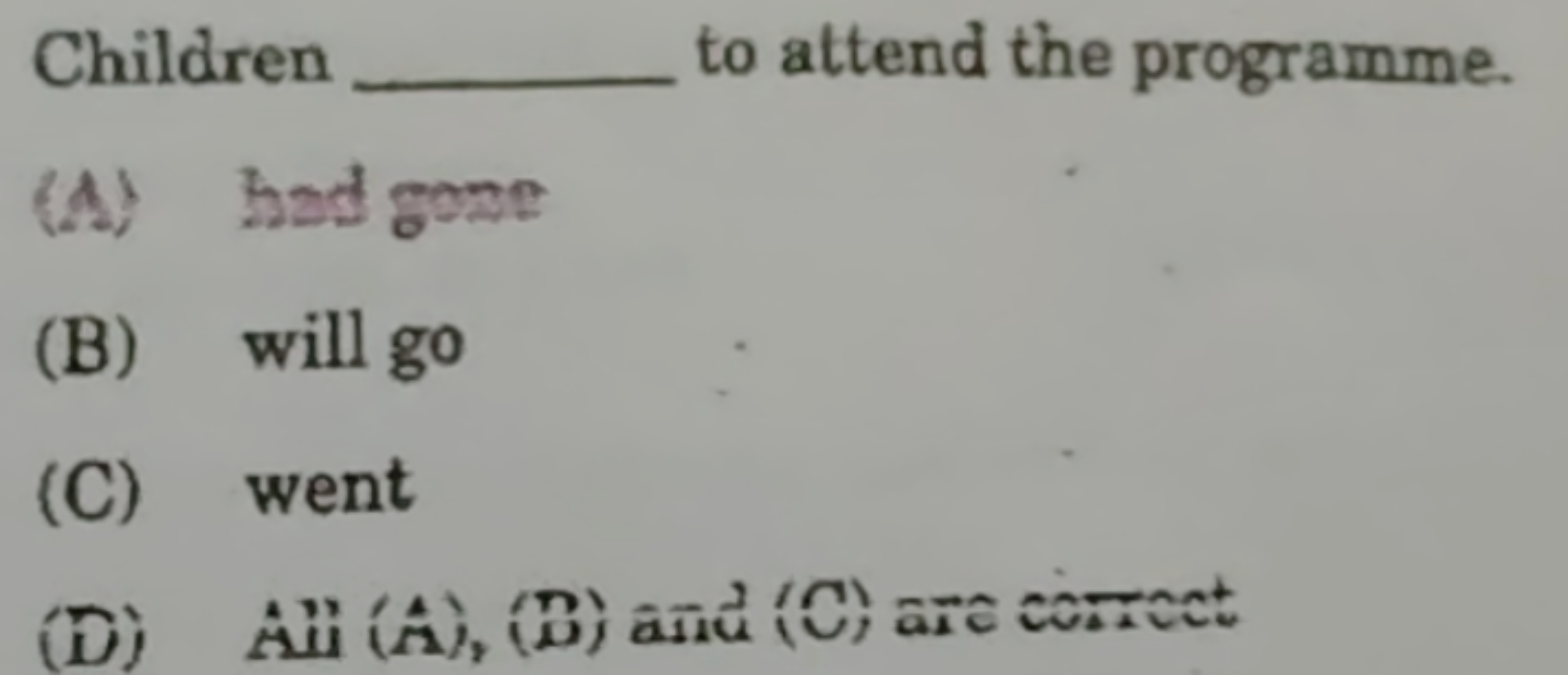 Children  to attend the programme.
(A) had gone
(B) will go
(C) went
(