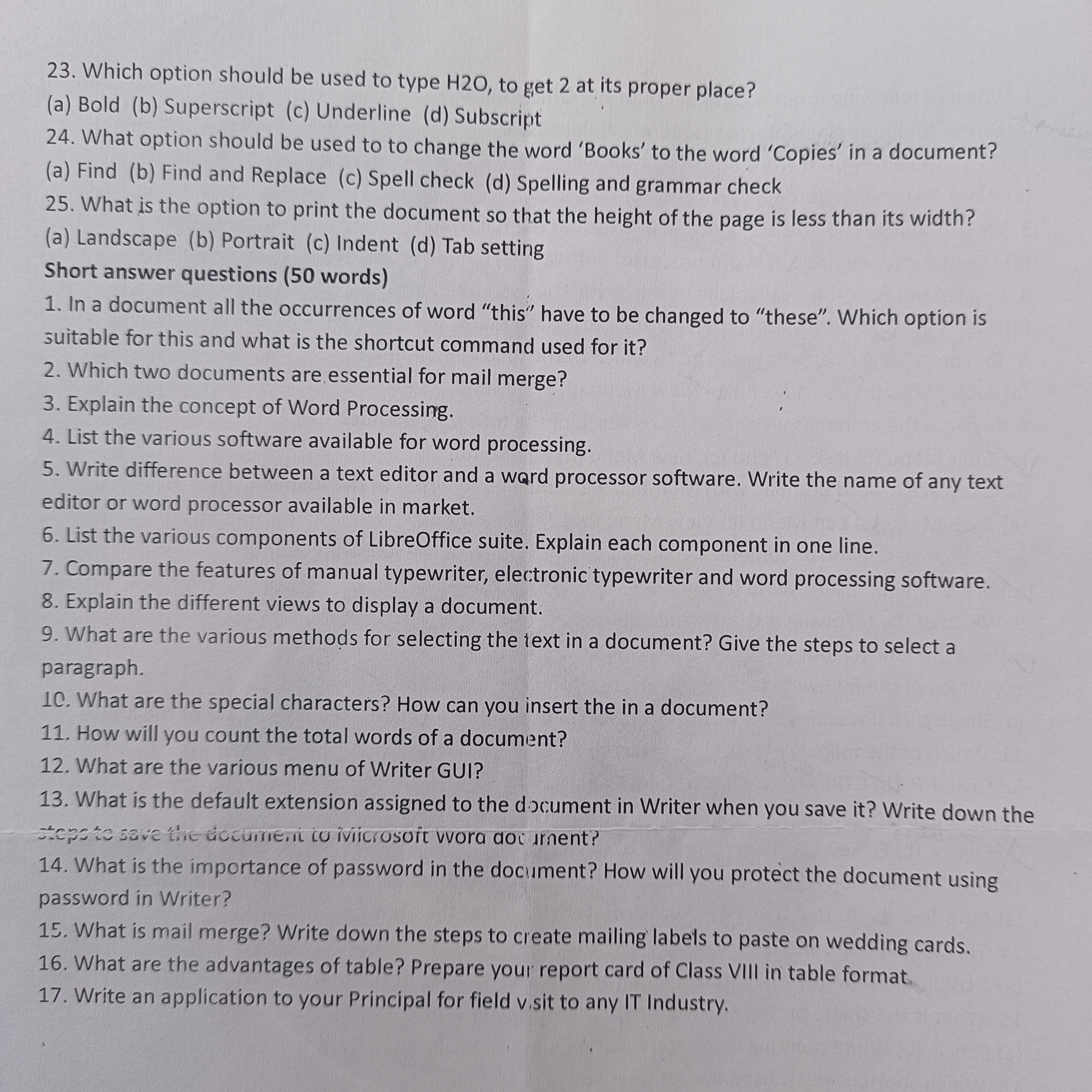 23. Which option should be used to type H2O, to get 2 at its proper pl