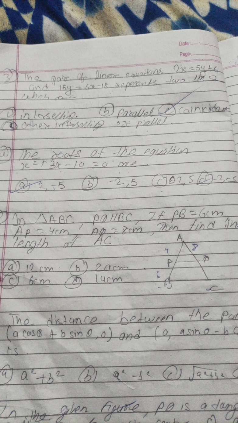 3) The pair of liner cauations 2x=5y+6 and 15y=6x−18 repeonts two line