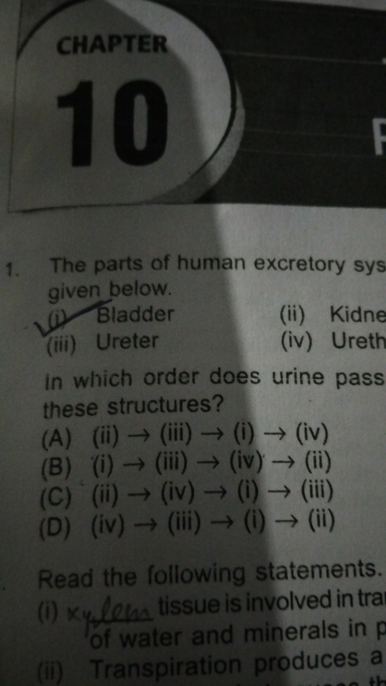 CHAPTER
10
1. The parts of human excretory sys given below.
(i) Bladde