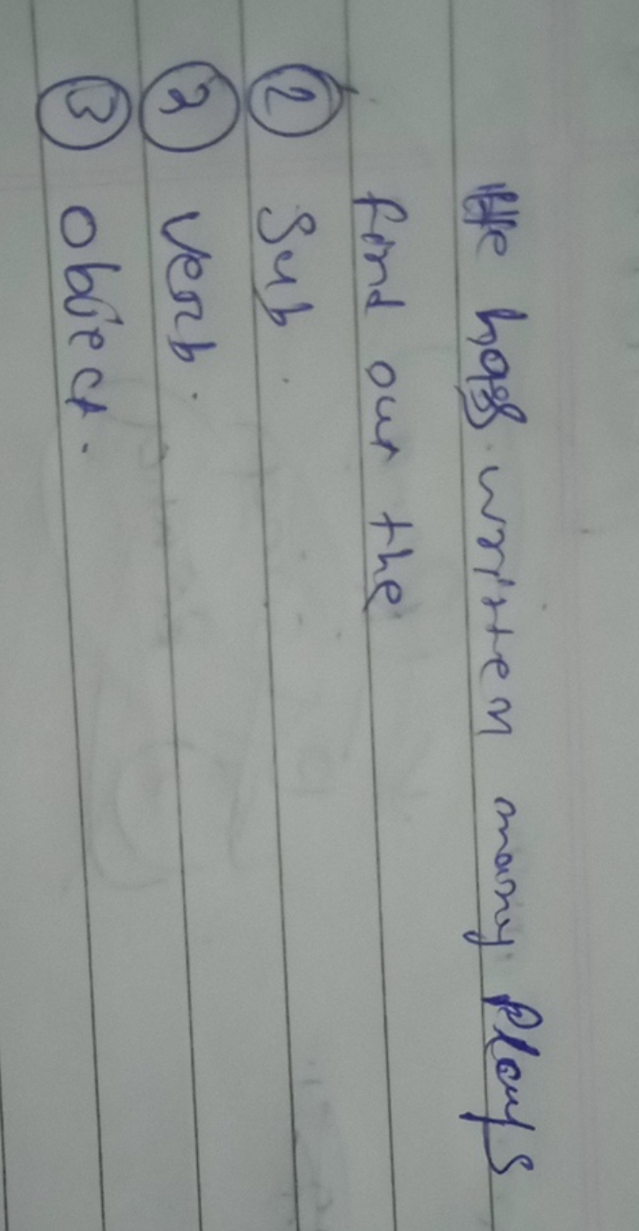 He has written many Plays find our the
(2) Sub
(2) verb.
(3) object.