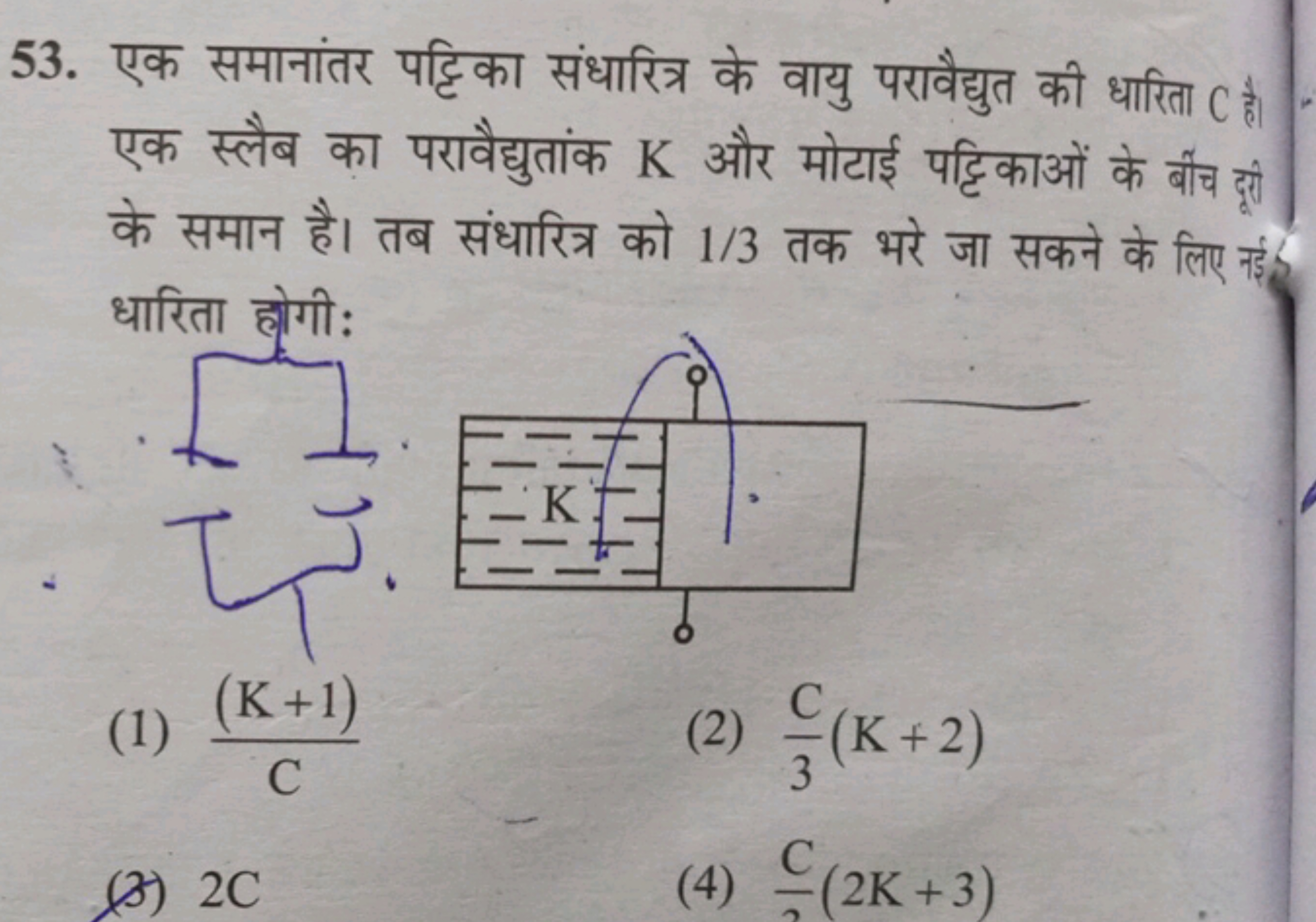 53. एक समानांतर पट्टिका संधारित्र के वायु परावैद्युत की धारिता C है। ए