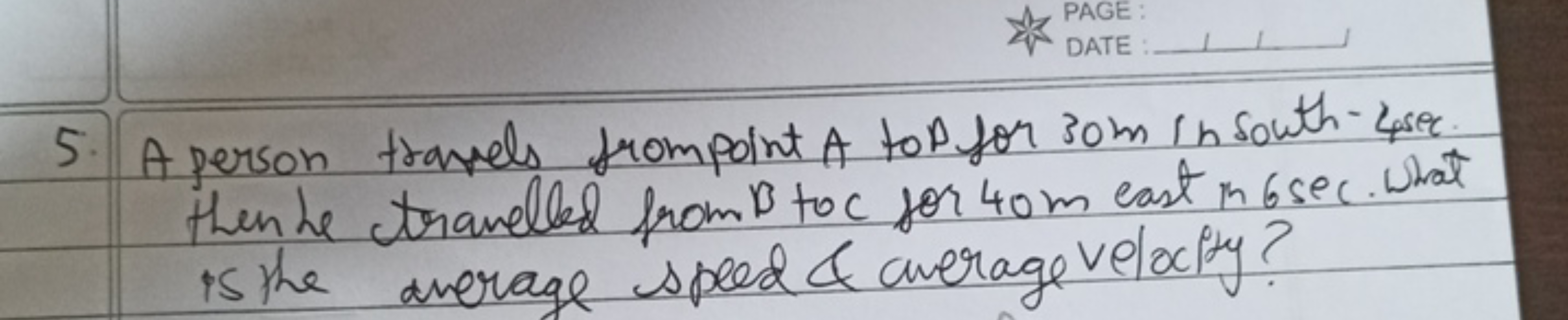 5. A person travels frompoint A to B for 30 m in south - 4 sec then he