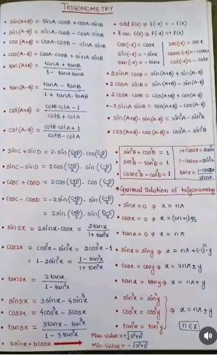 TrIGONOMETRY
- sin(A+B)=sinA⋅cosB+cosA⋅sinB
- sin(A−B)=sinA⋅cosB−cosA⋅