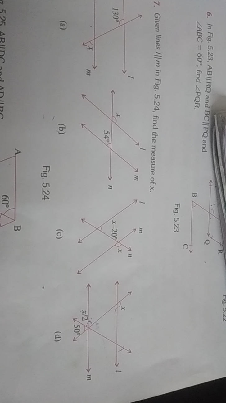 6. In Fig. 5.23, AB∥RQ and BC∥PQ and ∠ABC=60∘, find ∠PQR.

Fig. 5.23
7