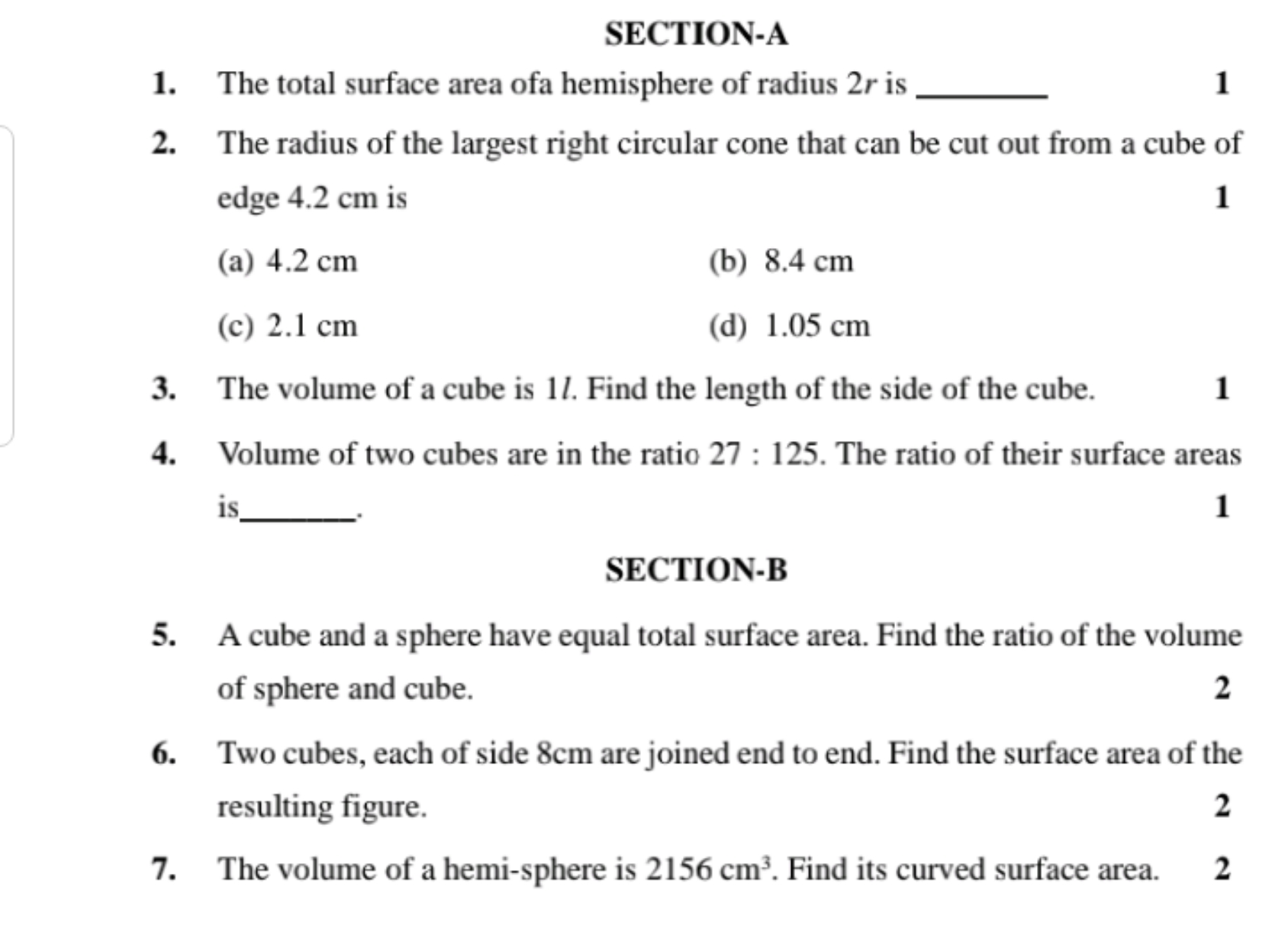 SECTION-A
1. The total surface area of hemisphere of radius 2r is 
1
2