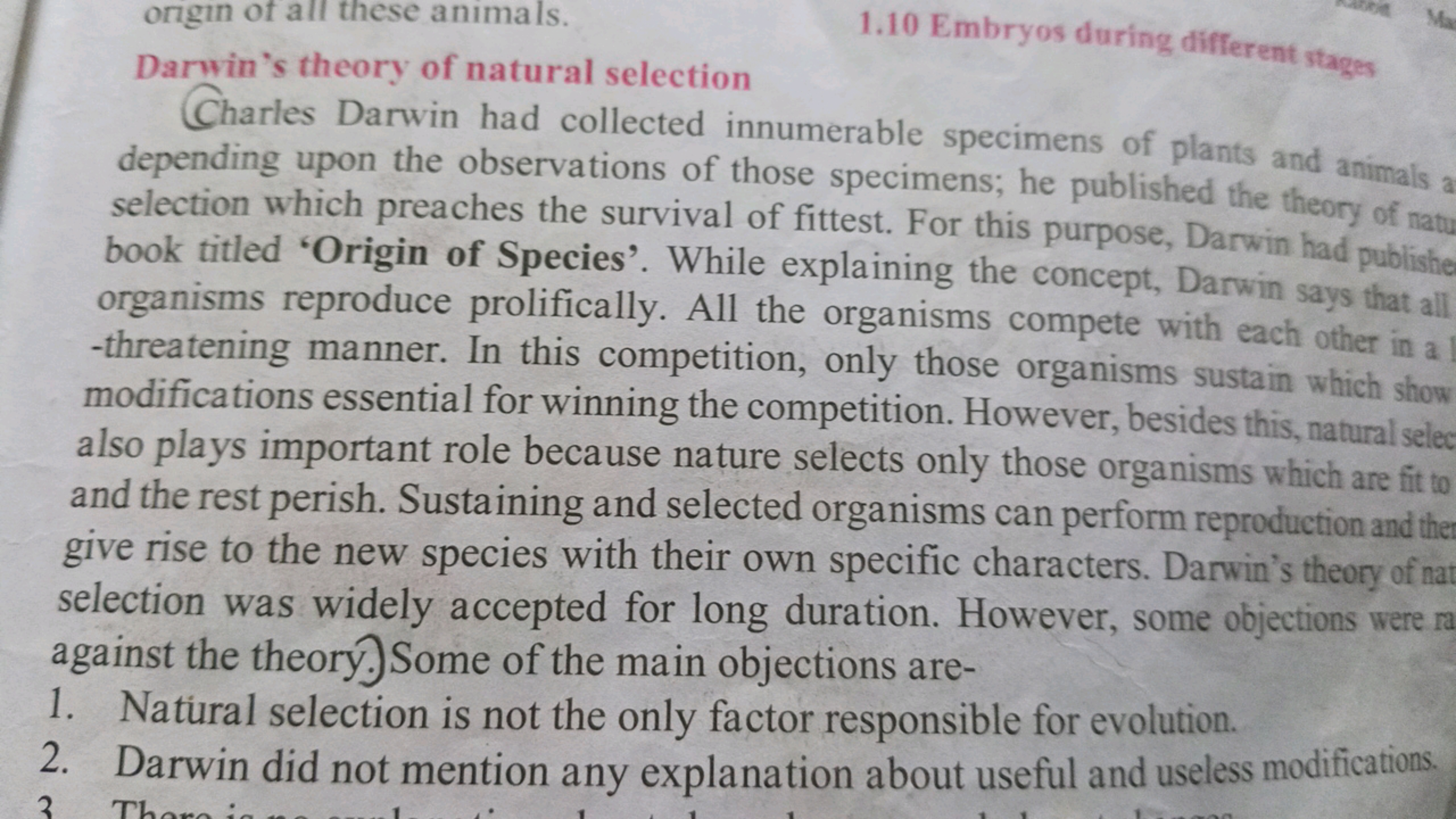 ongin of all these animals.
1.10 Embryos during different stages

Darw