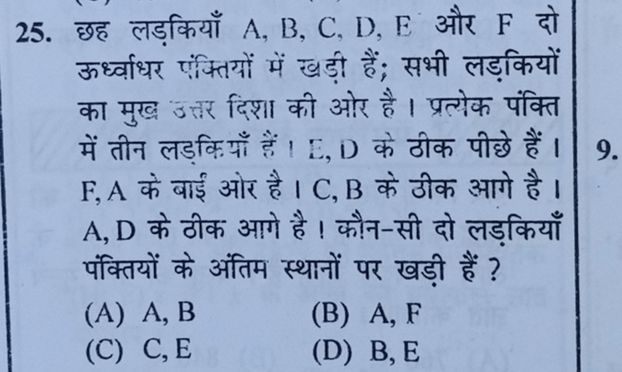 25. छह लड़कियाँ A,B,C,D,E और F दो ऊधर्वाधर पंक्तियों में खड़ी हैं; सभी