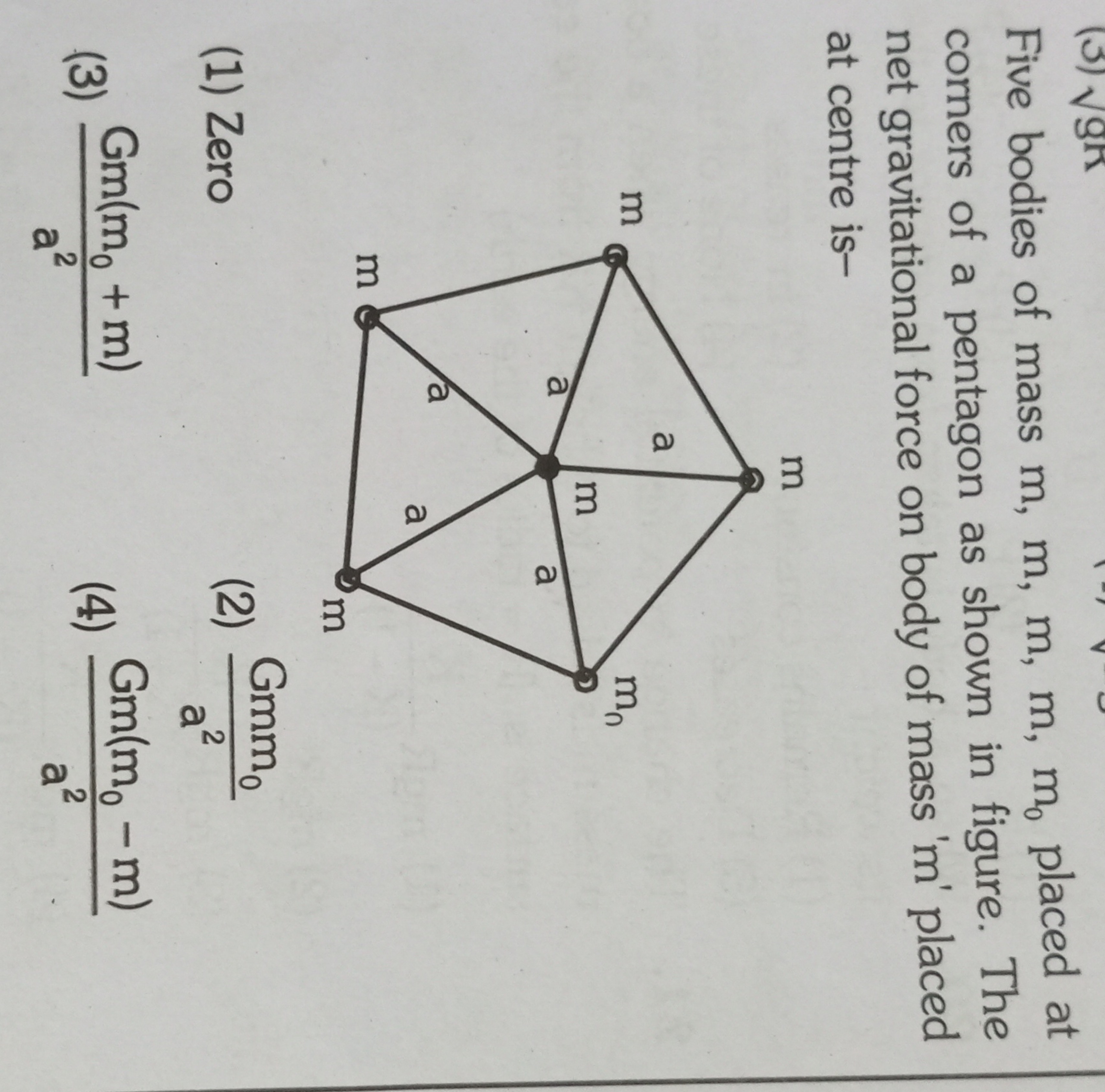 Five bodies of mass m,m,m,m,m0​ placed at corners of a pentagon as sho