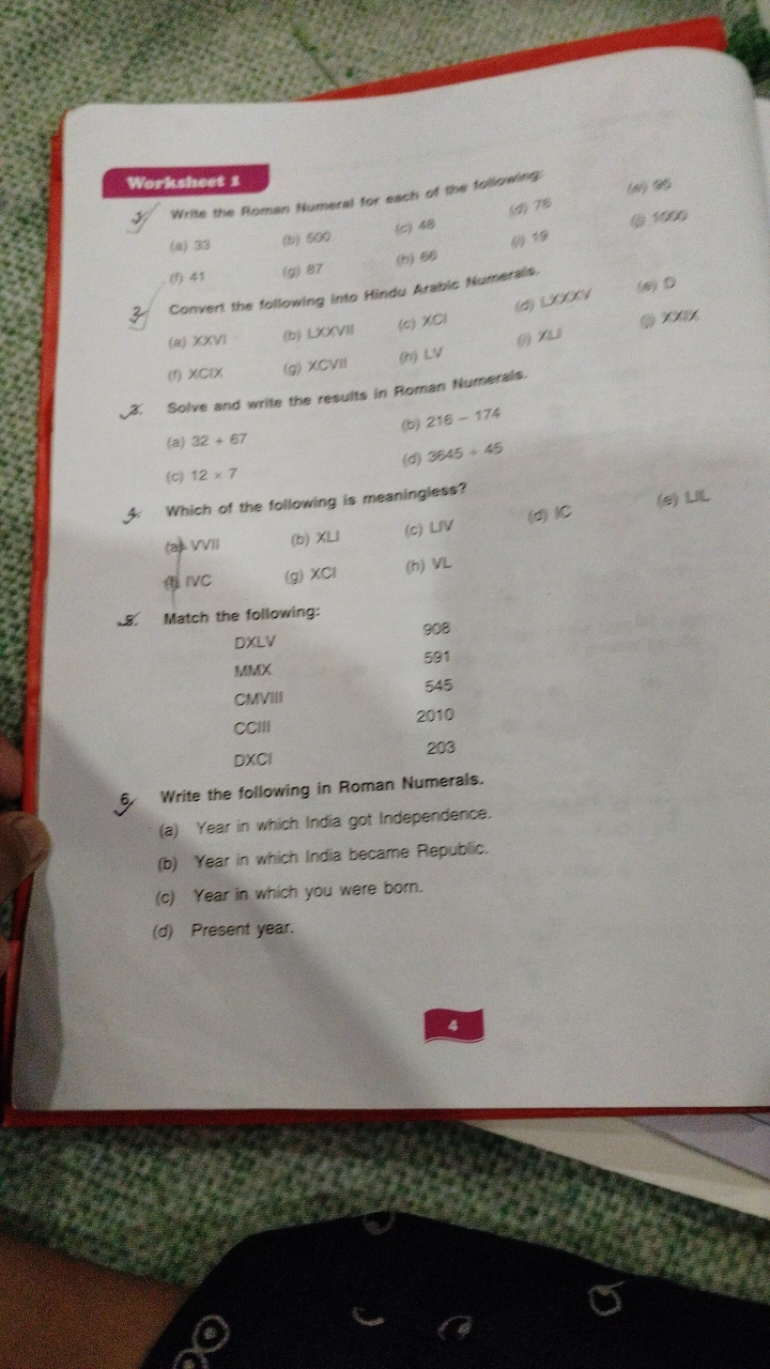 Worksheet :
1. Write the Roman Numeral tor each of the folloming
(e) 3