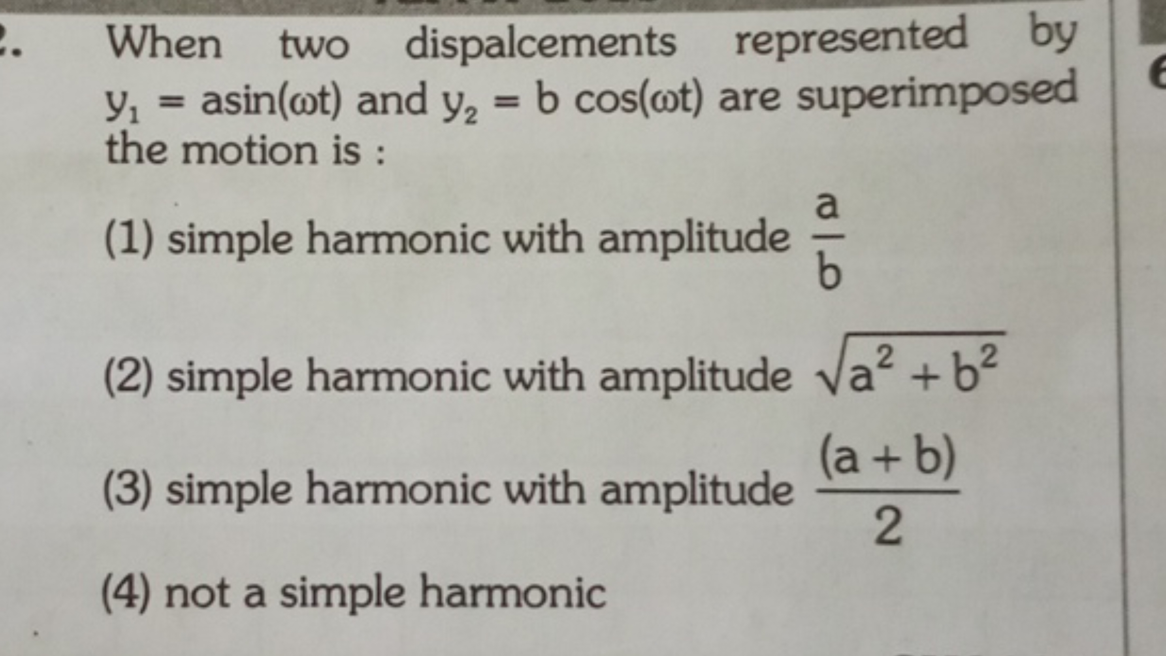 When two dispalcements represented by y1​=asin(ωt) and y2​=bcos(ωt) ar