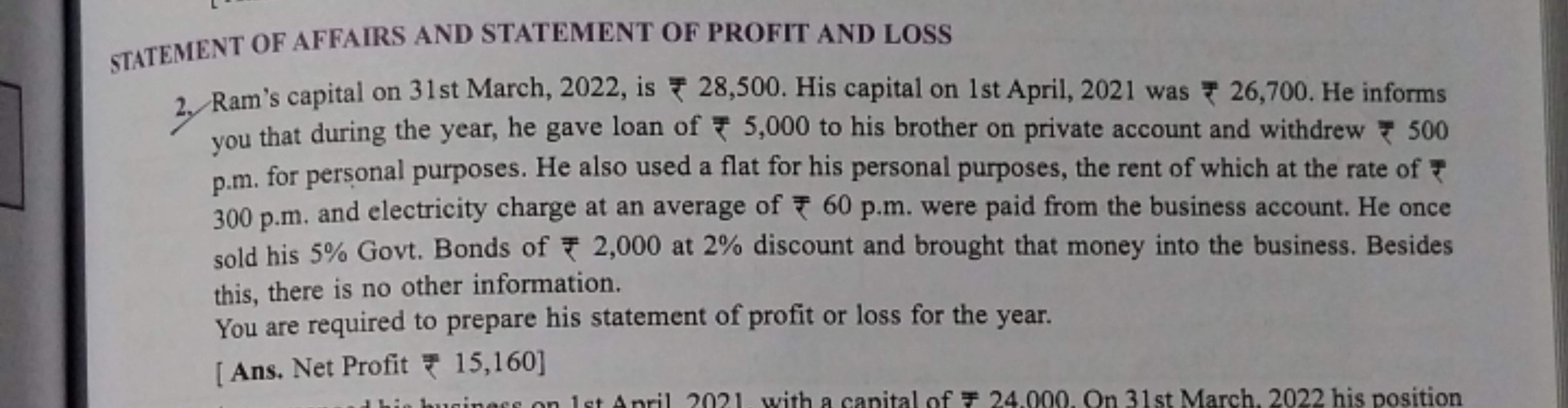 STATEMENT OF AFFAIRS AND STATEMENT OF PROFIT AND LOSS
2. Ram's capital