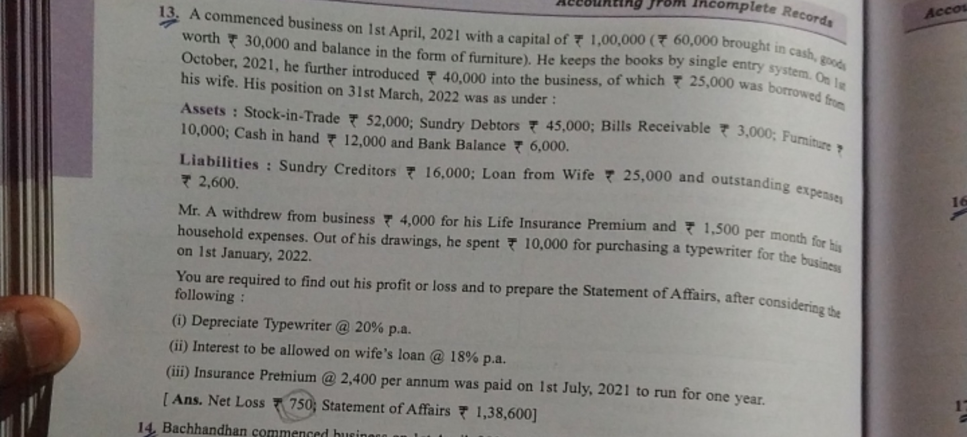 13. A commenced business on 1st April, 2021 with a capital of ₹1,00,00