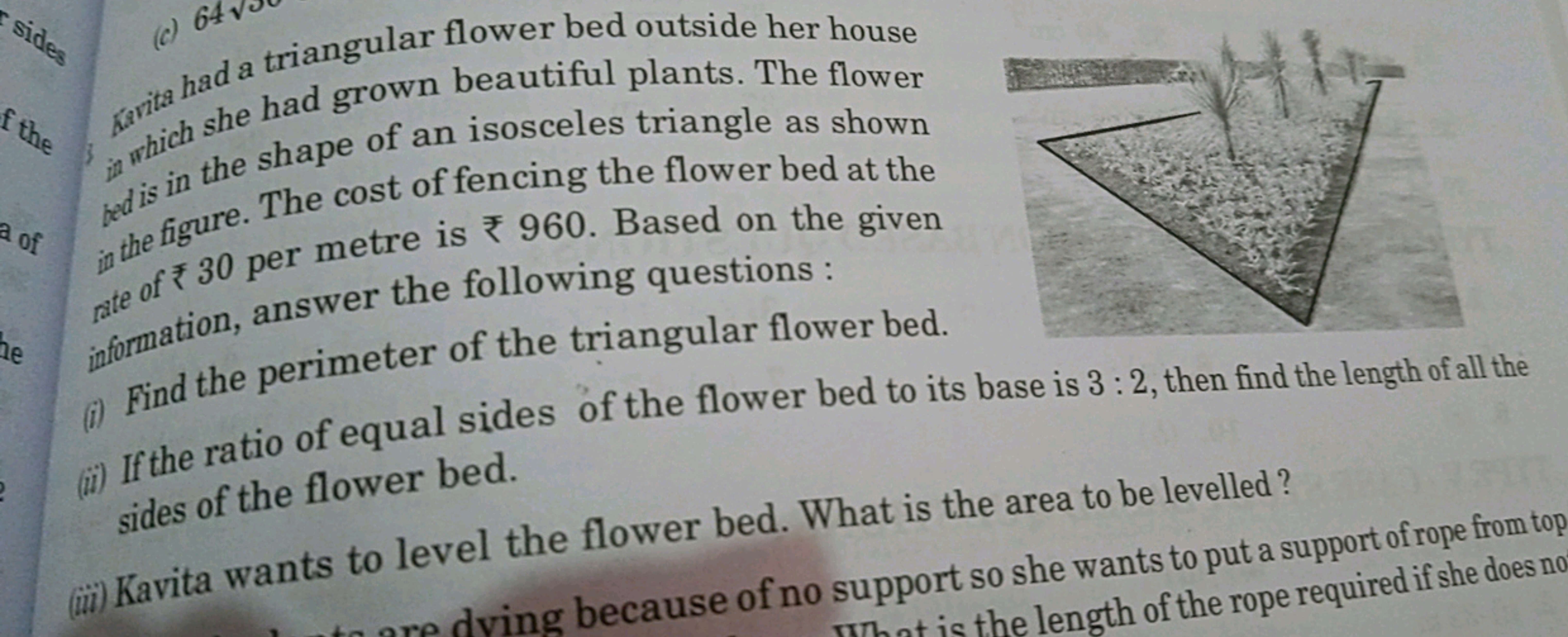 hat a triangular flower bed outside her house podd is in the shape of 