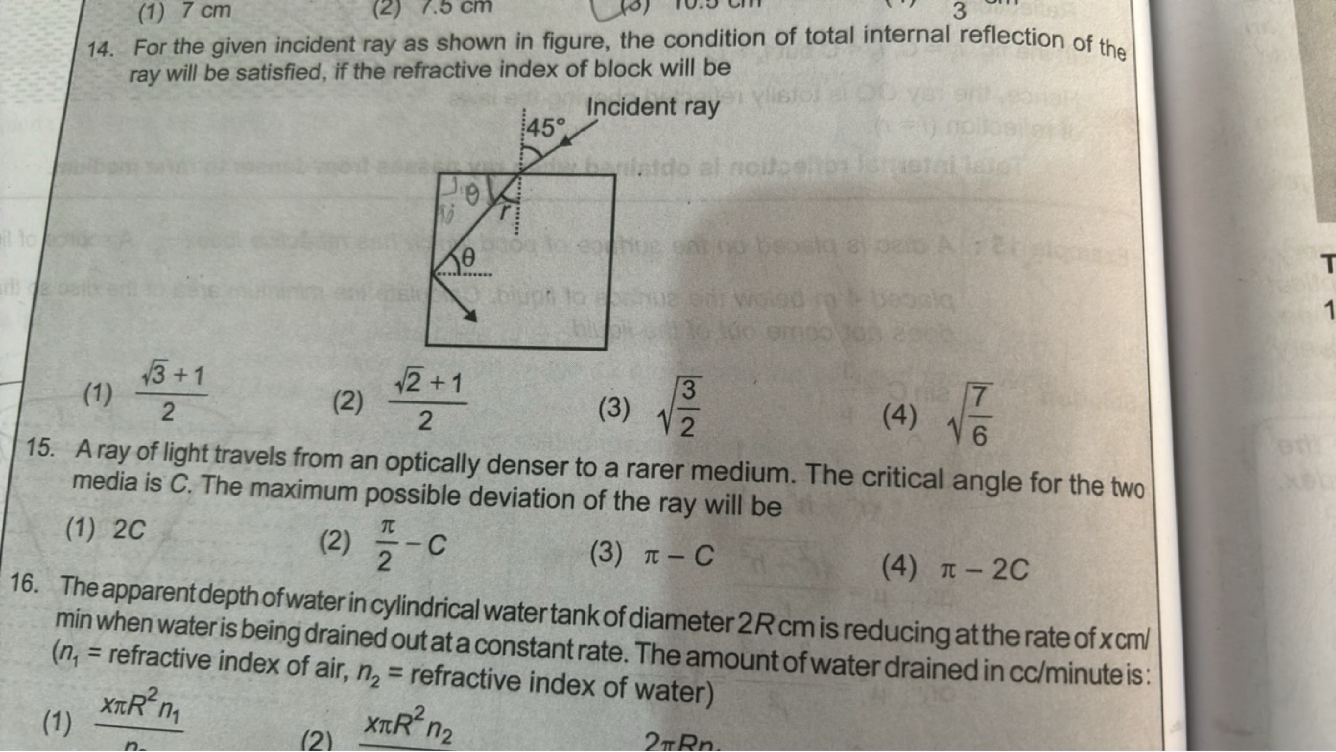 14. For the given incident ray as shown in figure, the condition of to