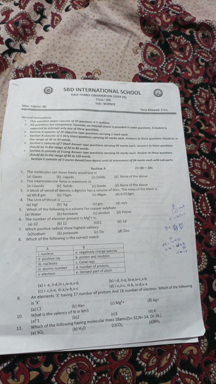 SBD INTERNATIONAL SCHOOL
HALF-YEARLY EXAMINATION (2024-25)
Class: Vill