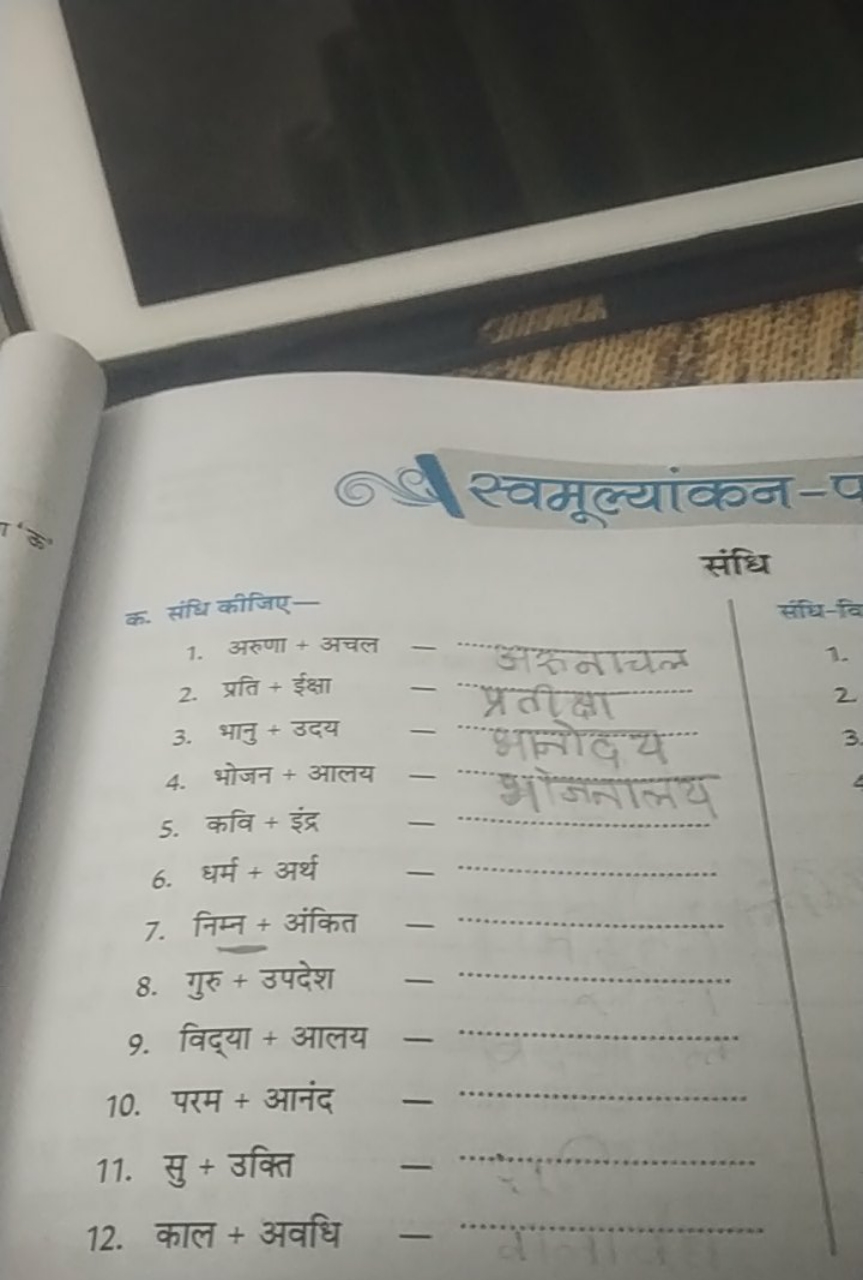 स्वमूल्यांकन -
संधि
क. संधि कीजिए-
संधि-दि
1. अरुणा + अचल - 
2. प्रति 