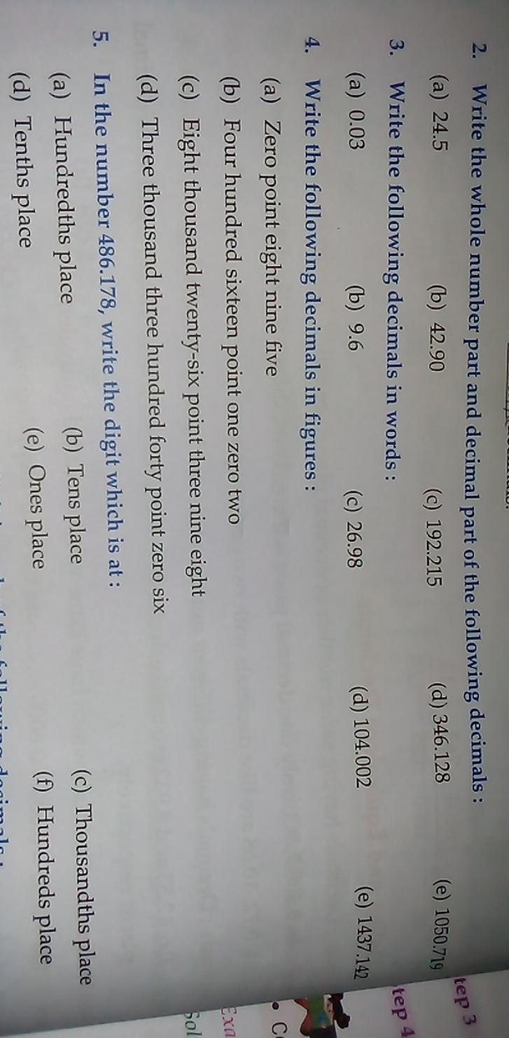 2. Write the whole number part and decimal part of the following decim