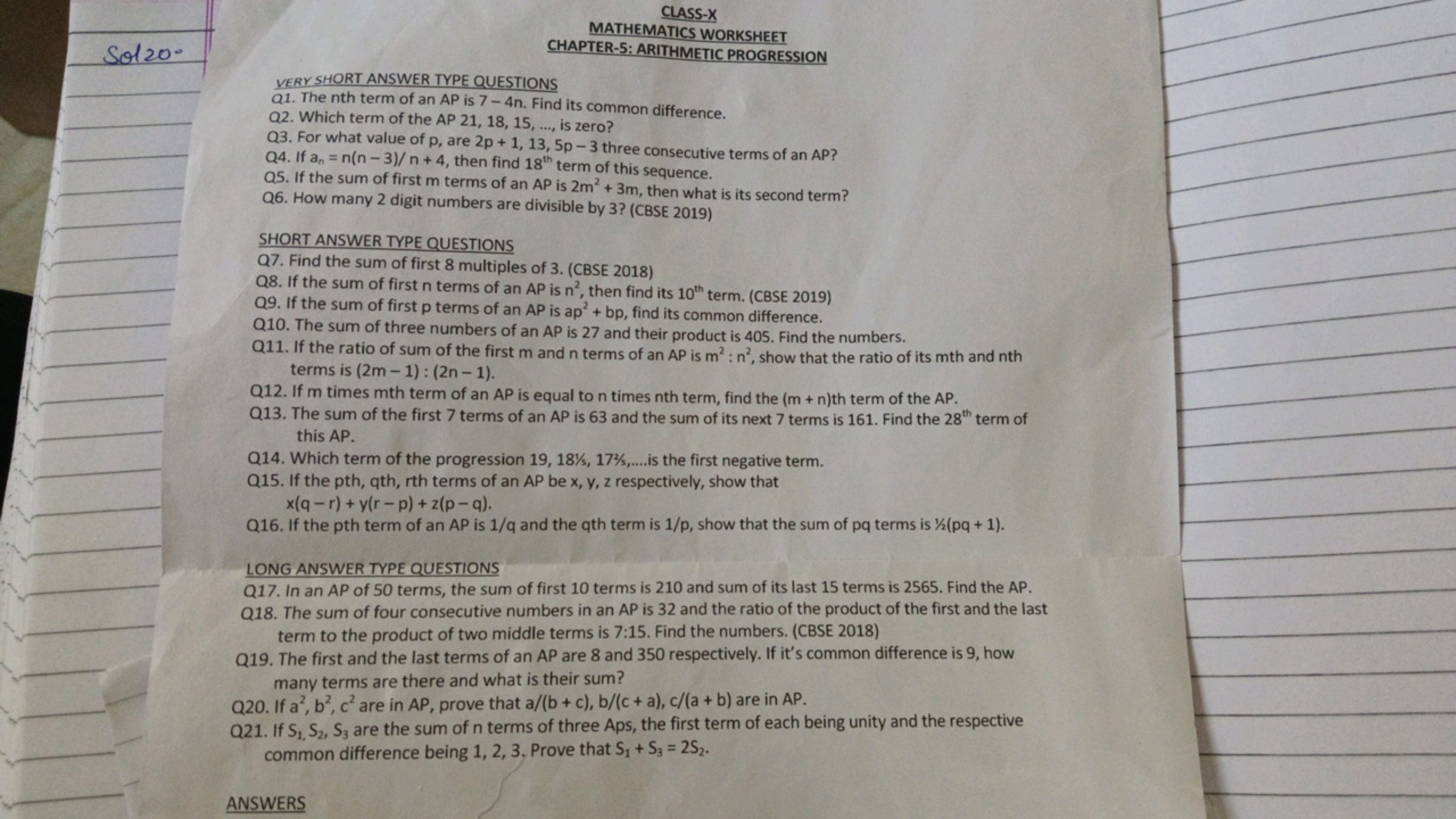 Sol20
CLASS-X
MATHEMATICS WORKSHEET
CHAPTER-5: ARITHMETIC PROGRESSION
