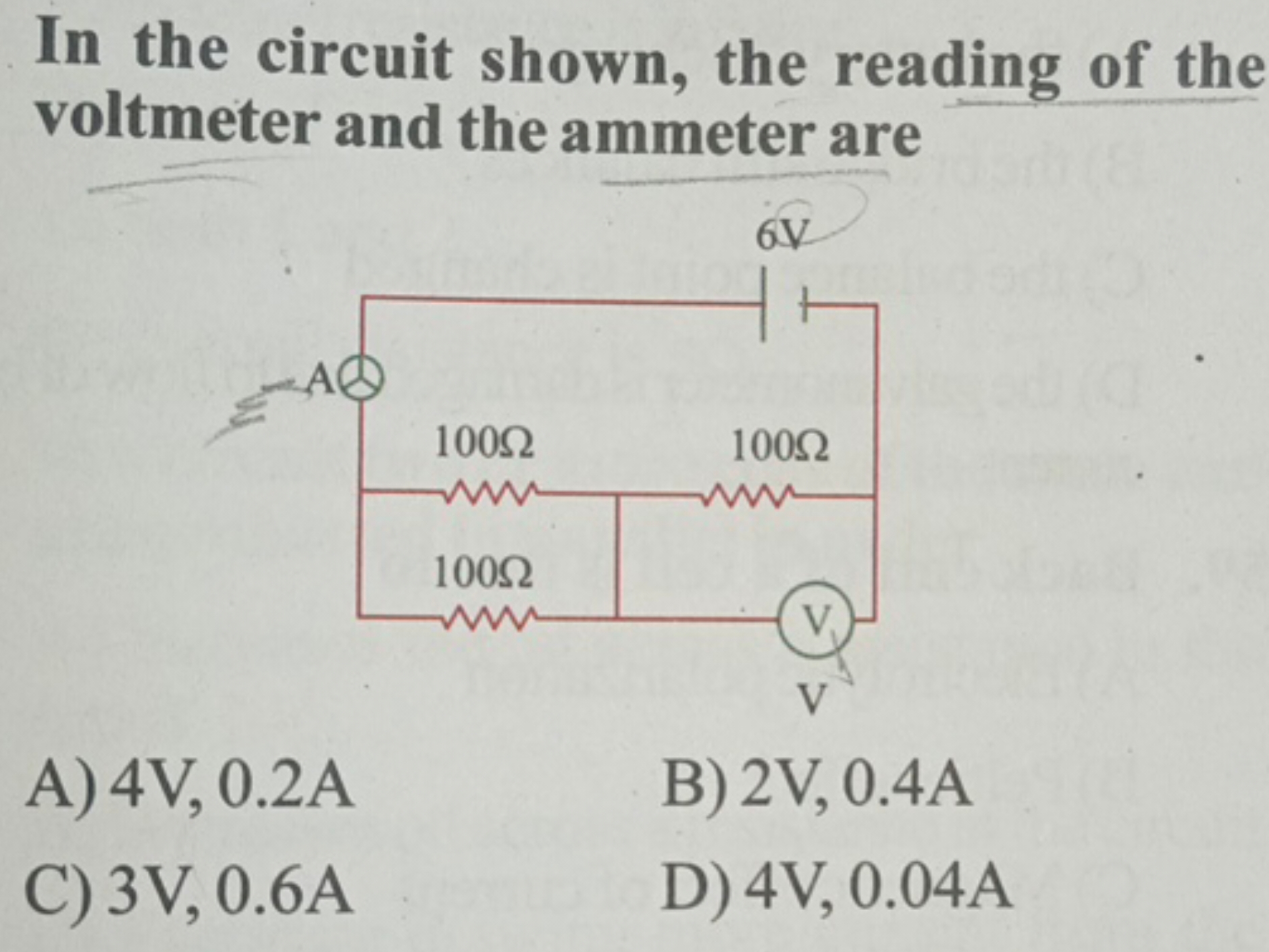 In the circuit shown, the reading of the voltmeter and the ammeter are