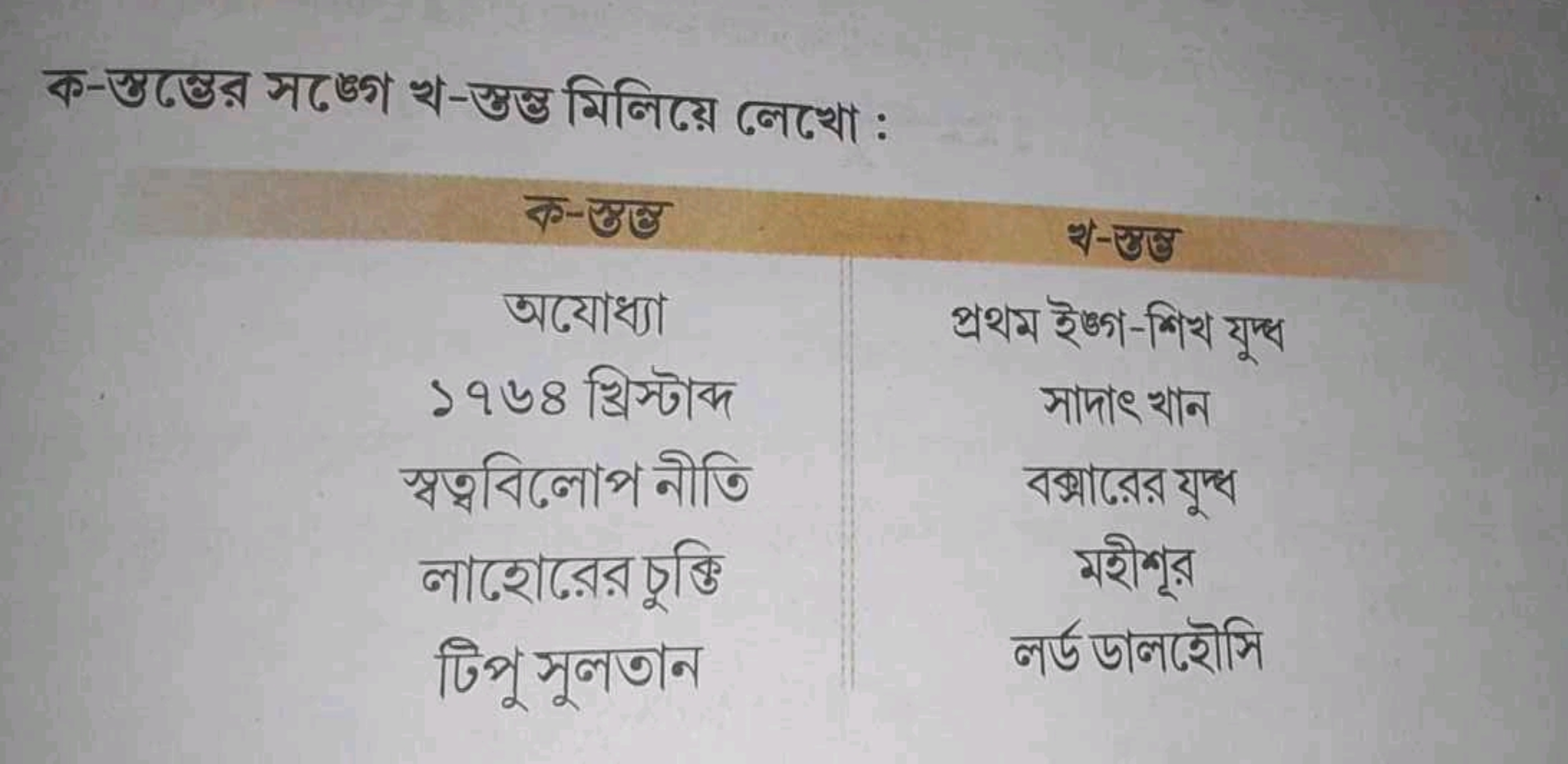 ক-স্তন্তের সঙ্গে খ-স্তম্ভ মিলিয়ে লেখো :
\begin{tabular} { | c | c | }