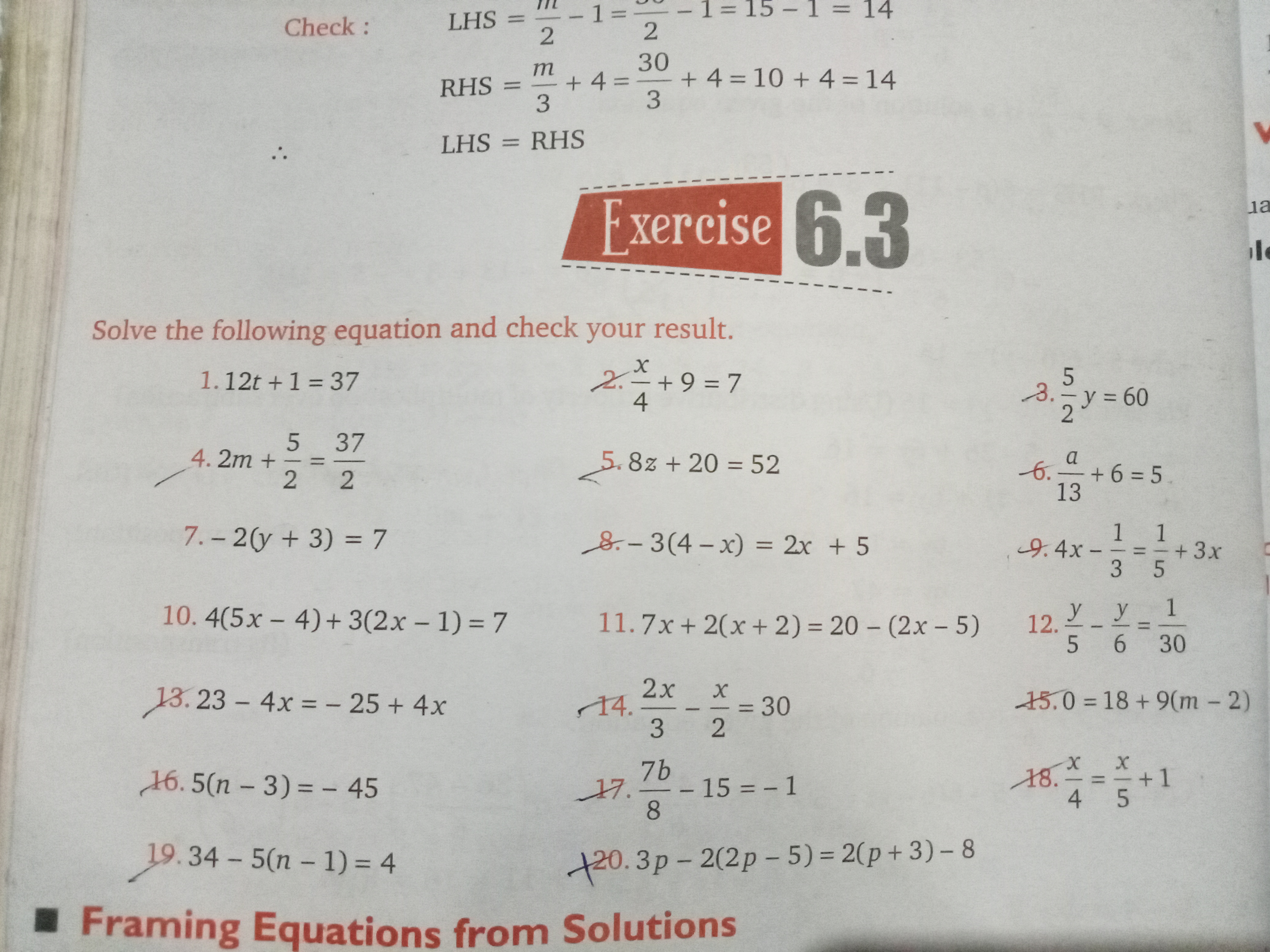 Check :
LHS=2m​−1=22​−1=15−1=14RHS=3m​+4=330​+4=10+4=14​
∴ LHS = RHS 
