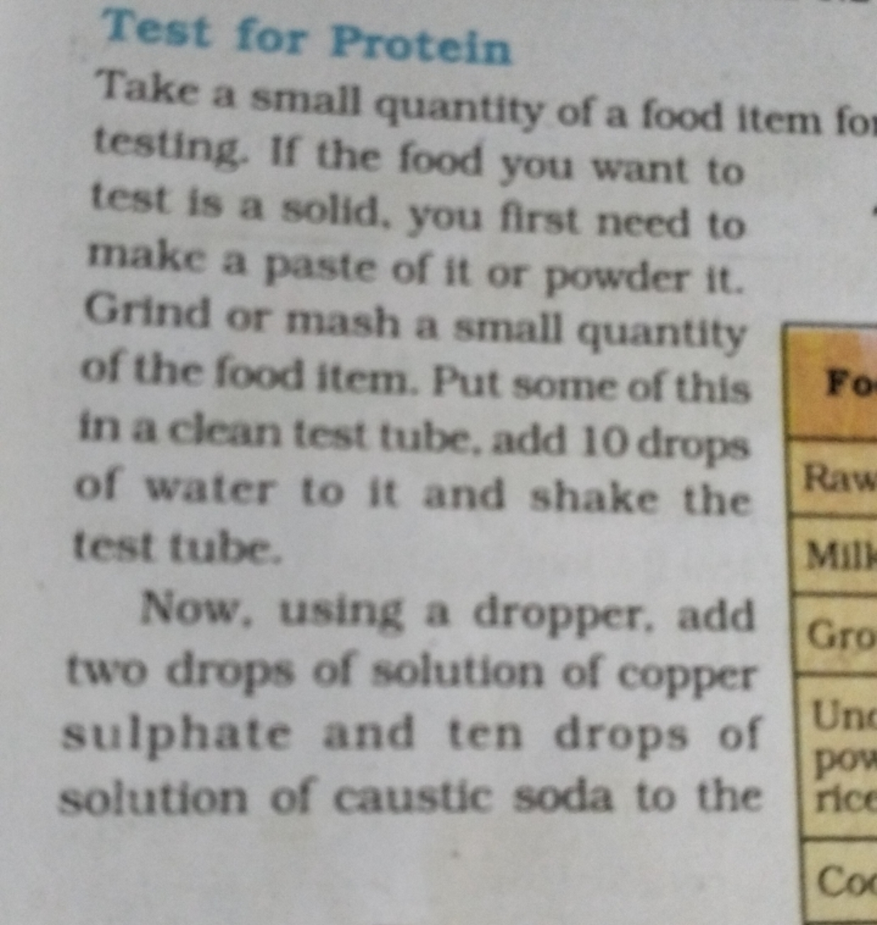 Test for Protein
Take a small quantity of a food item fo testing. If t