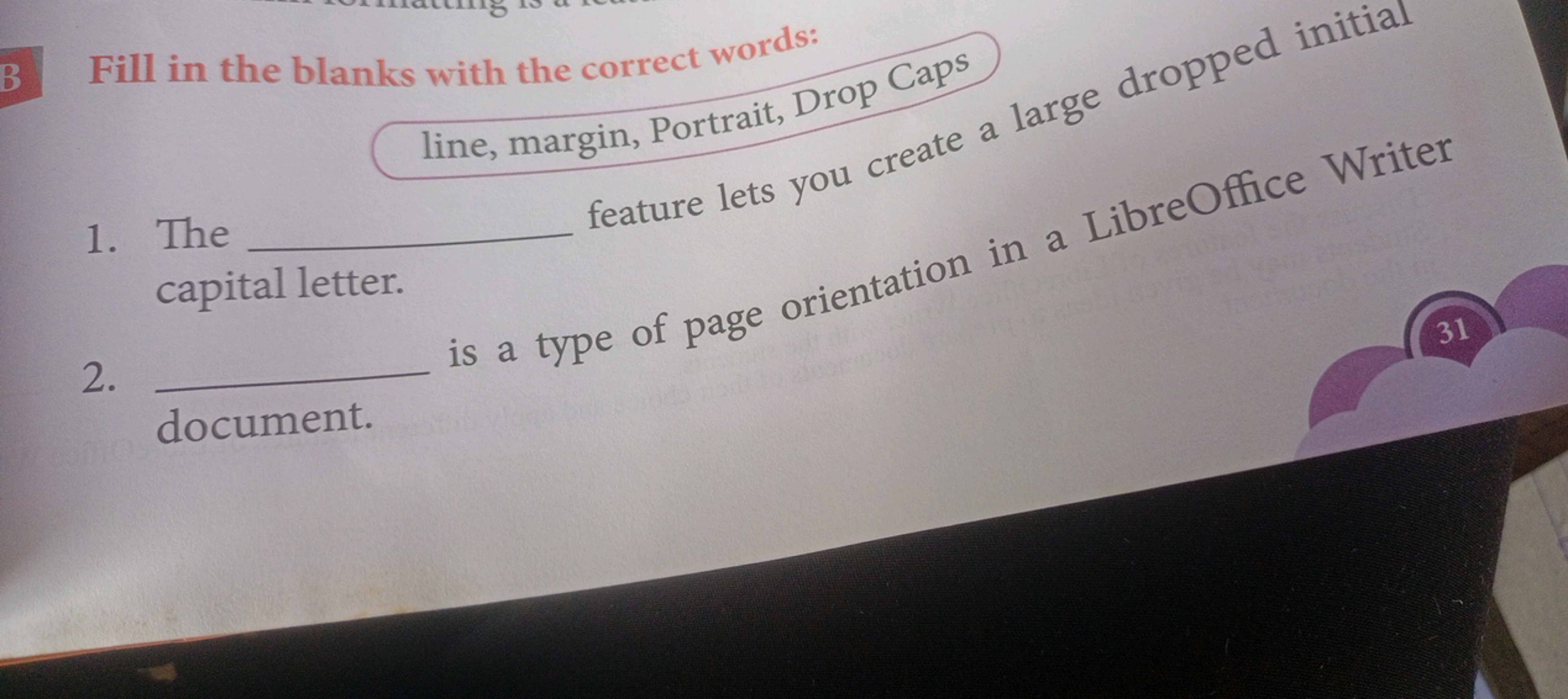 3 Fill in the blanks with the correct words:
line, margin, Portrait, D