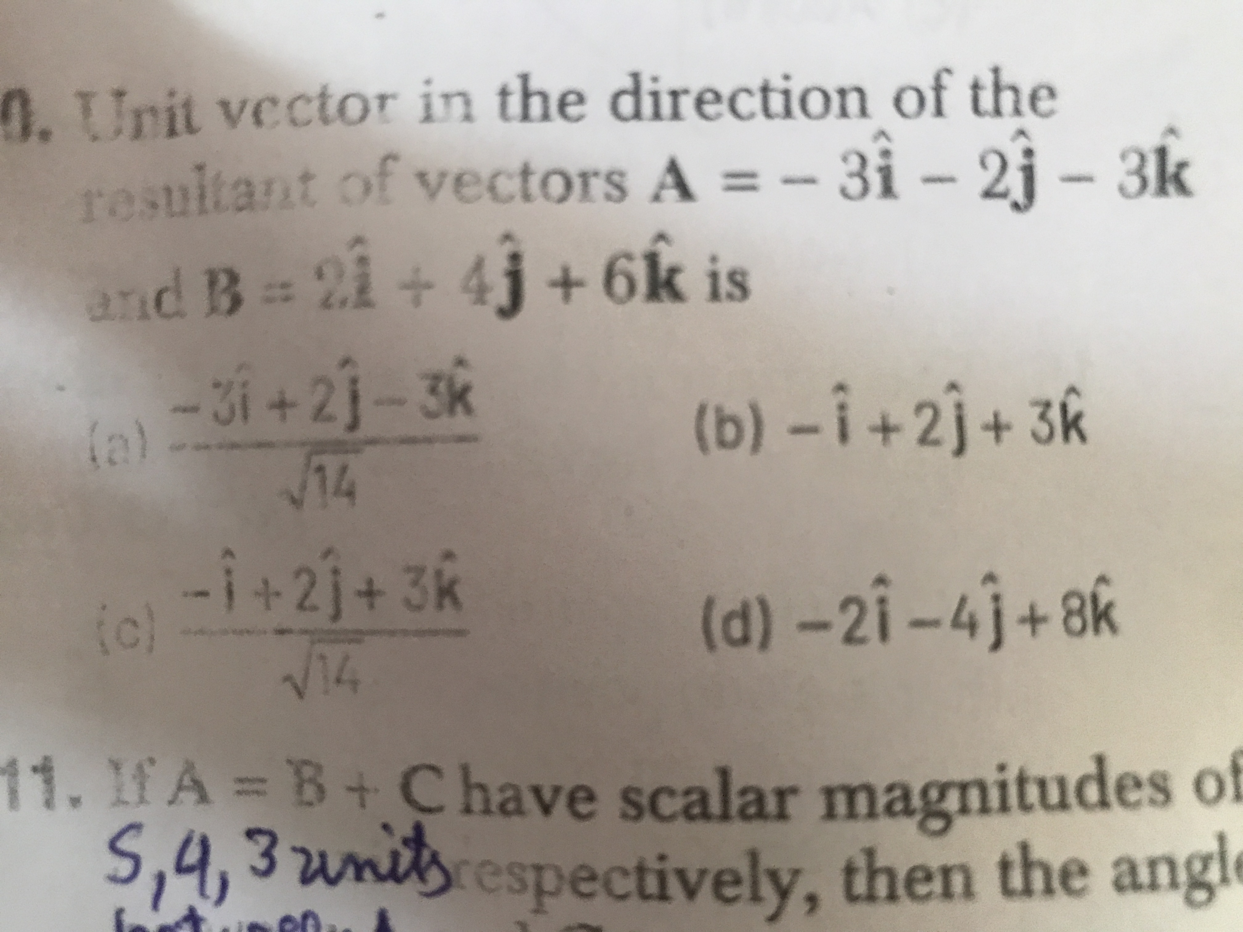 9. Unit vector in the direction of the rautiant of vectors A=−3i^−2j^​