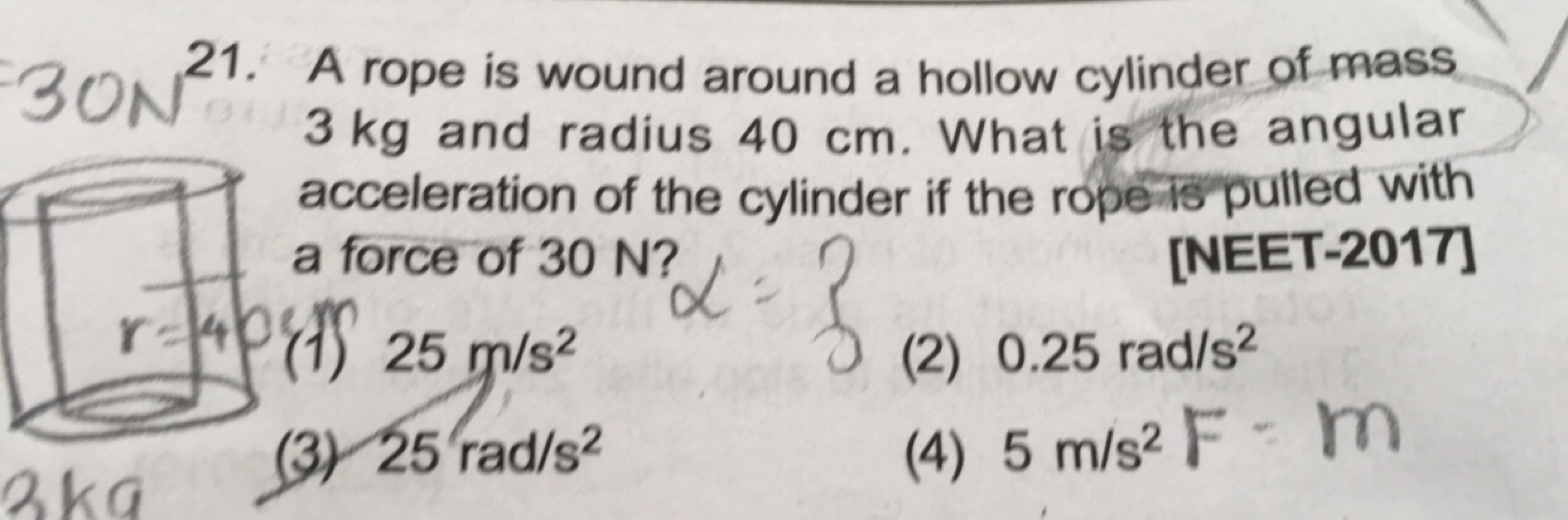 30 N21. A rope is wound around a hollow cylinder of mass 3 kg and radi