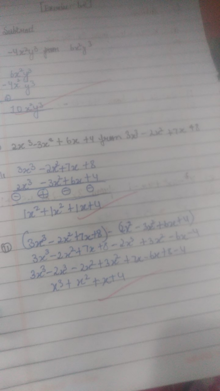 Tensian for?
Subbreat.
4−2y3 yrum 6x2y3
6x2y3−4xy3​

Q
2x3−3x2+6x+4 fr