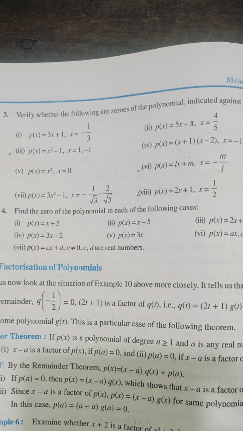 3. Verify whethes the following are zeroes of the polynomial, indicate