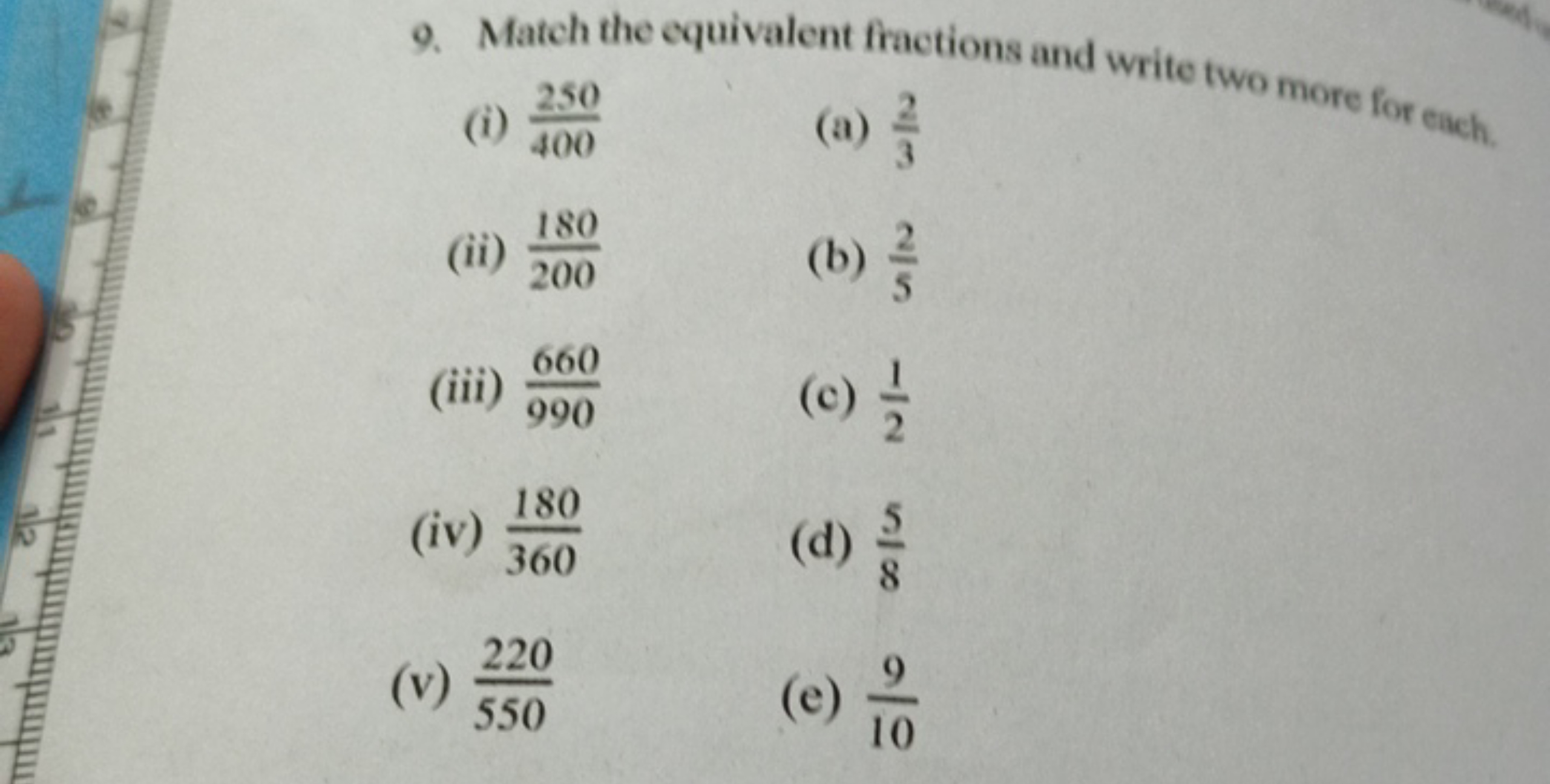 9. Match the equivalent fractions and write two more for each.
(i) 400