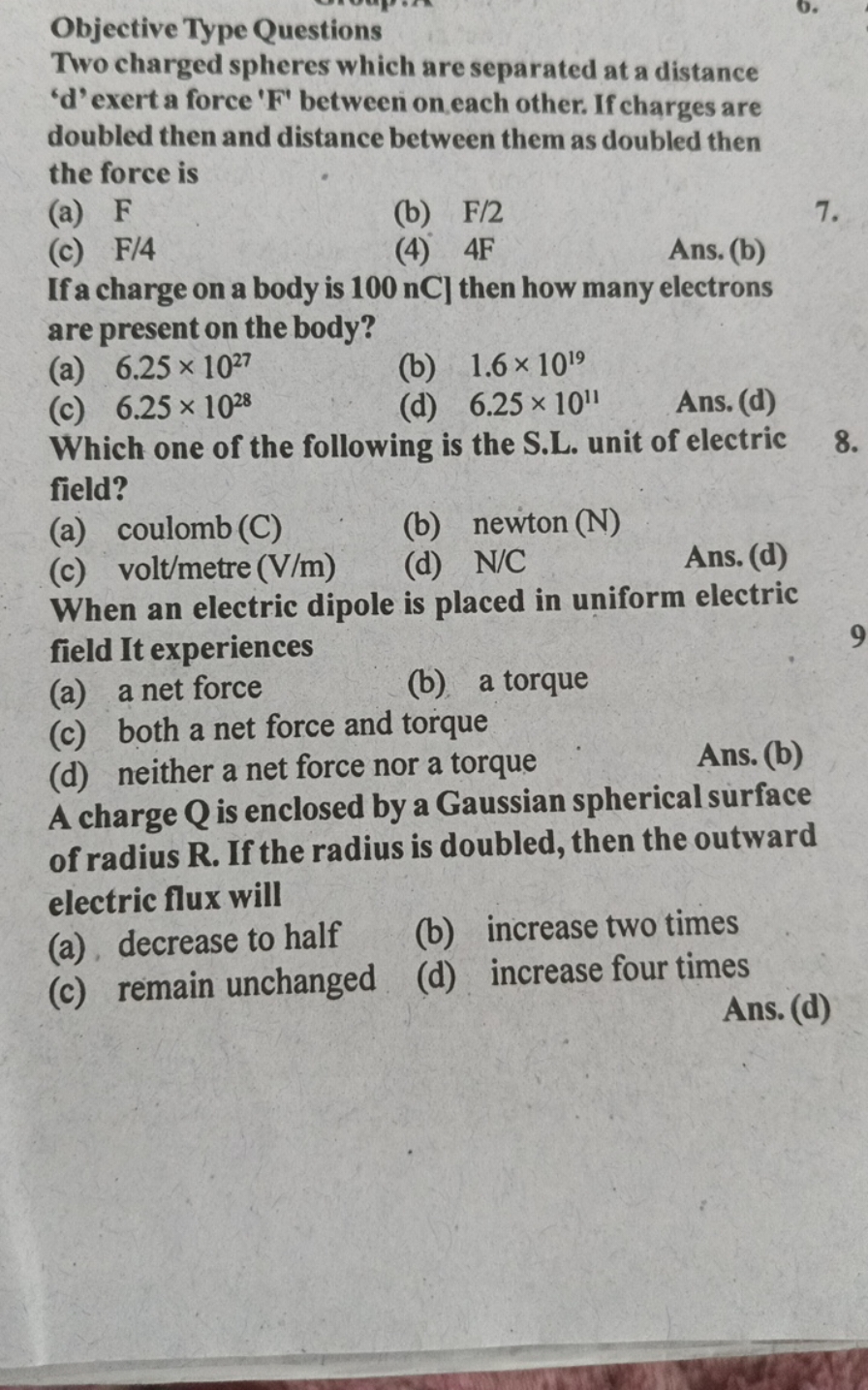 Objective Type Questions
Two charged spheres which are separated at a 