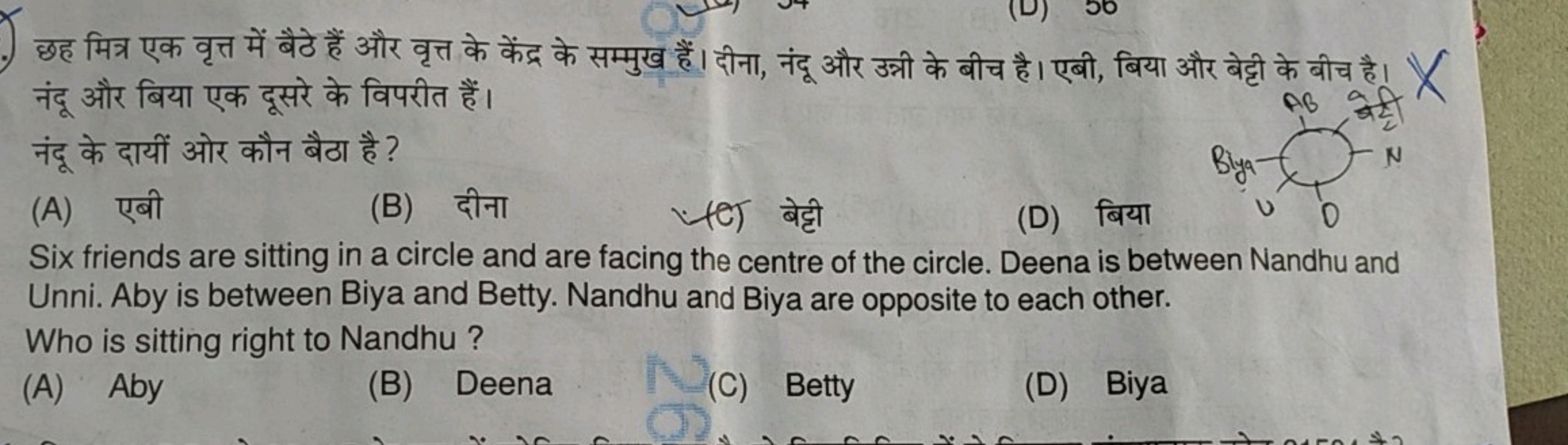 छह मित्र एक वृत्त में बैठे हैं और वृत्त के केंद्र के सम्मुख हैं। दीना,