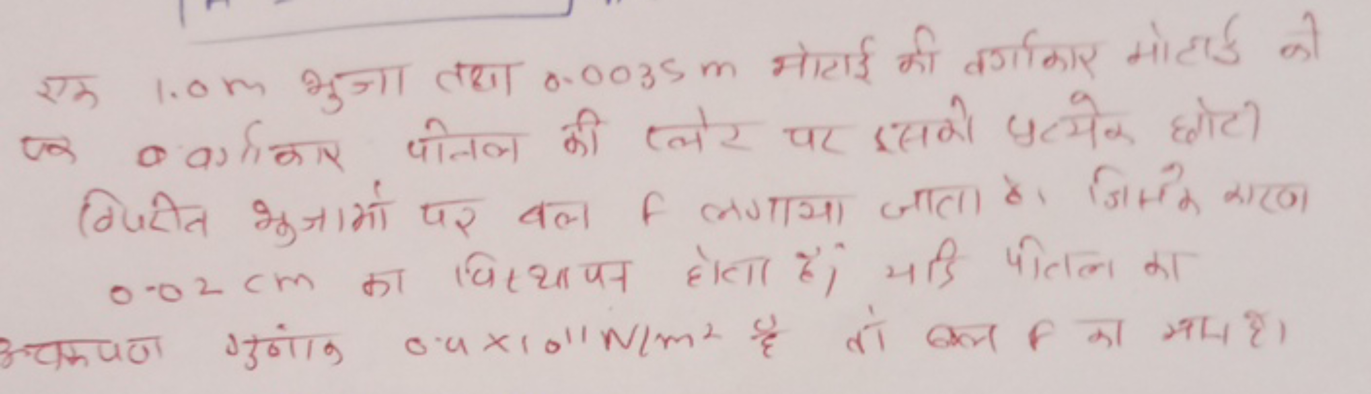 एक 1.0 m भुजा तथा 0.0035 m मोटाई की वर्गाकार मोटार्ड की एर 0 वर्गाकार 