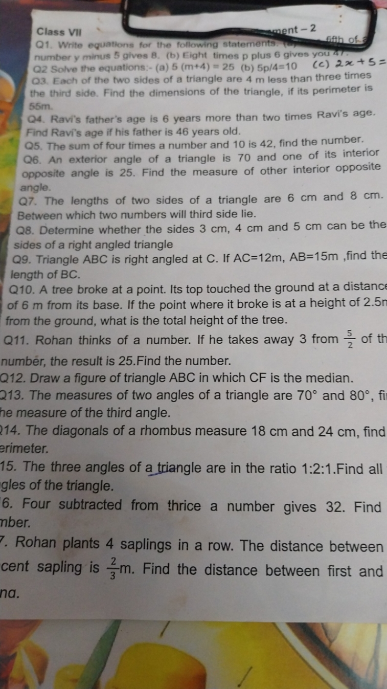 Class VII
ment - 2
Q1. Write equations for the following statements (w