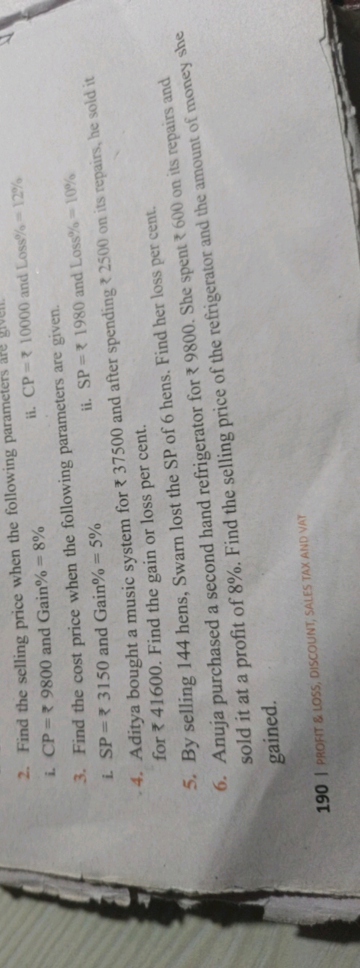 2. Find the selling price when the following parameters are given-
i. 