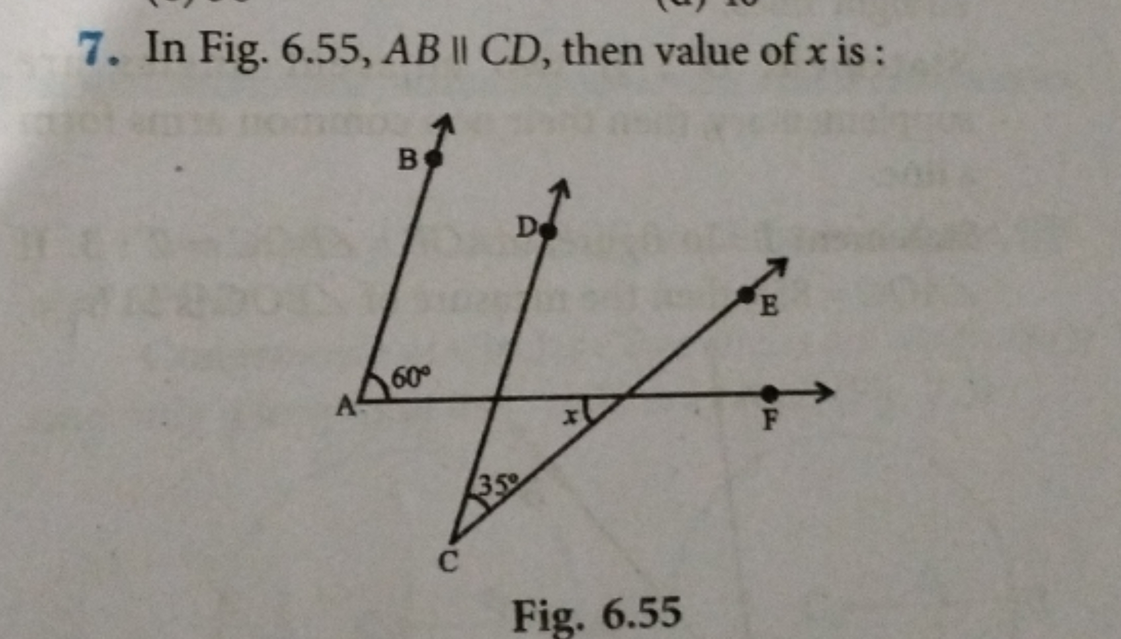 7. In Fig. 6.55,AB∥CD, then value of x is :

Fig. 6.55